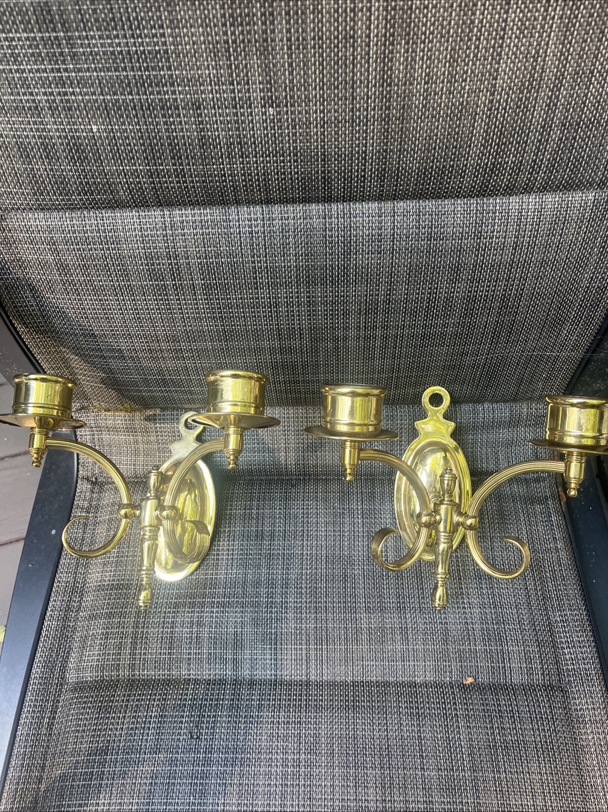 Vtg polished brass Candle SconcesSolid Double Arm Wall Mount Candelabra 1970-85 Vtg polished brass Candle SconcesSolid Double Arm Wall Mount Candelabra 1970-85