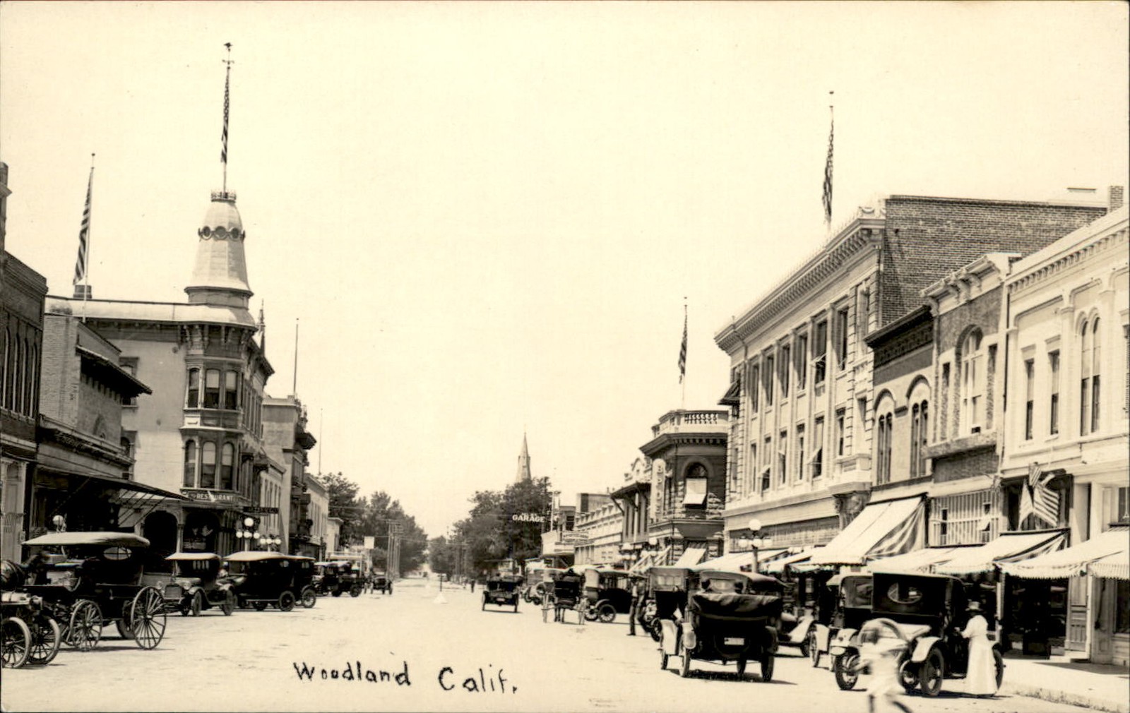 Woodland CA Street Scene Linen c1900s-10s Real Photo Vintage Postcard bhn