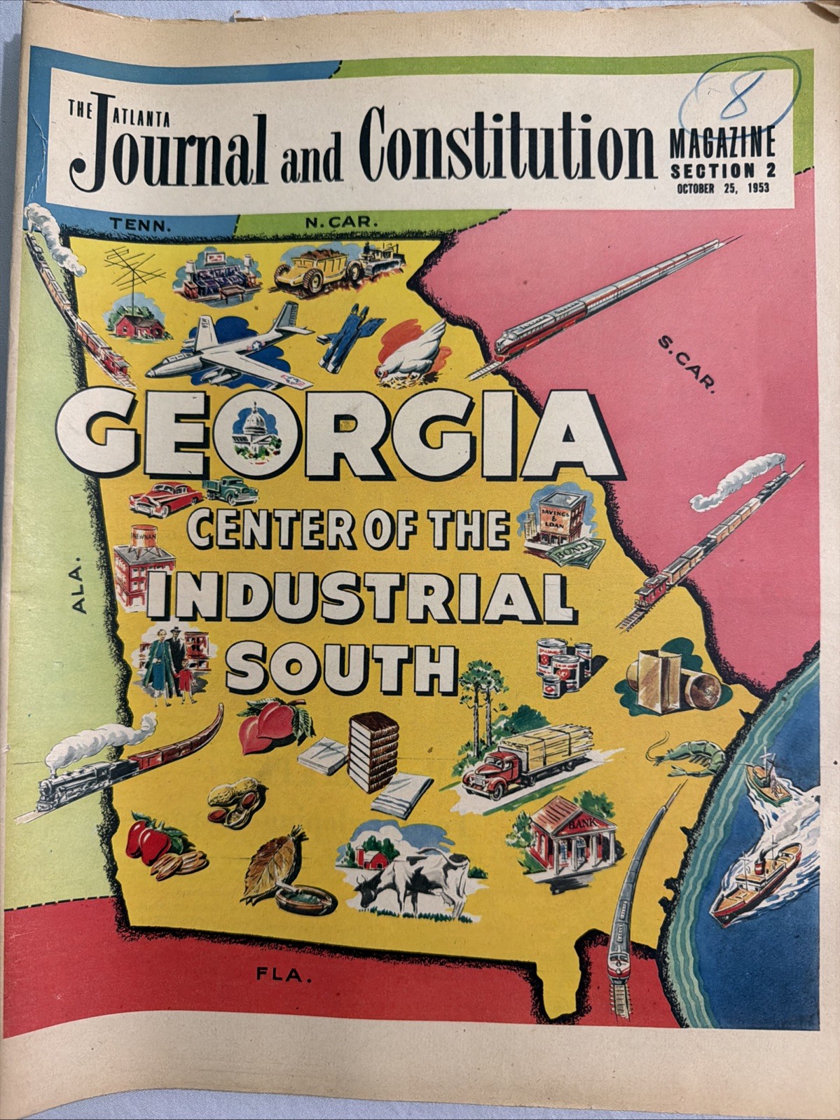Vintage Atlanta Journal Constitution Magazine Oct 25 1953 Georgia Map Art 50s