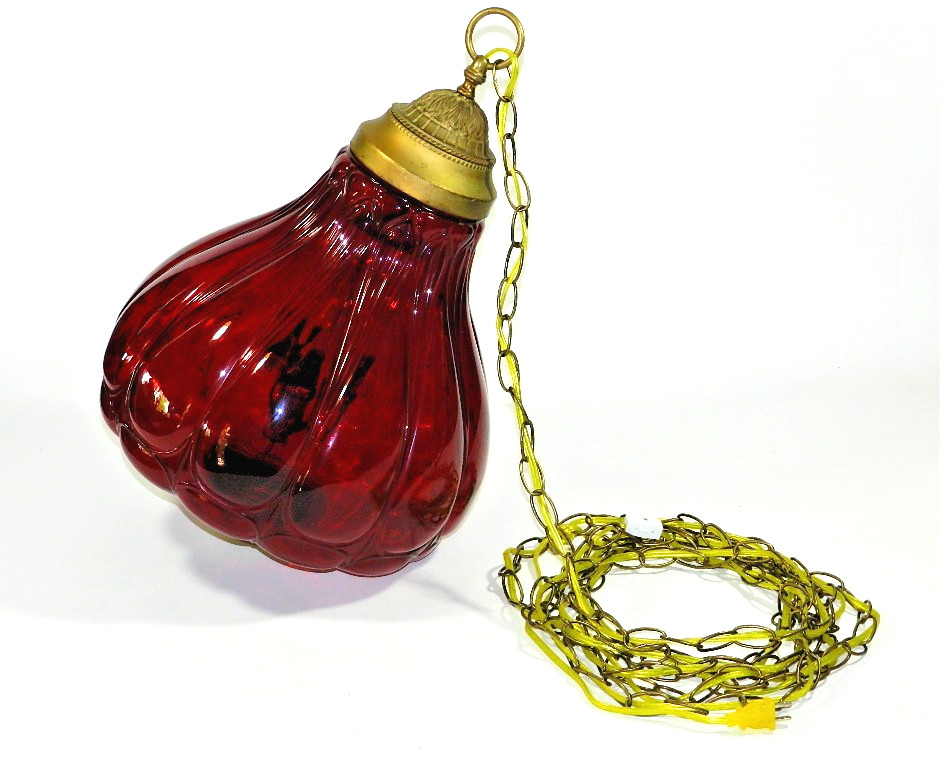 Vintage Red Glass Hanging Swag Lamp Light