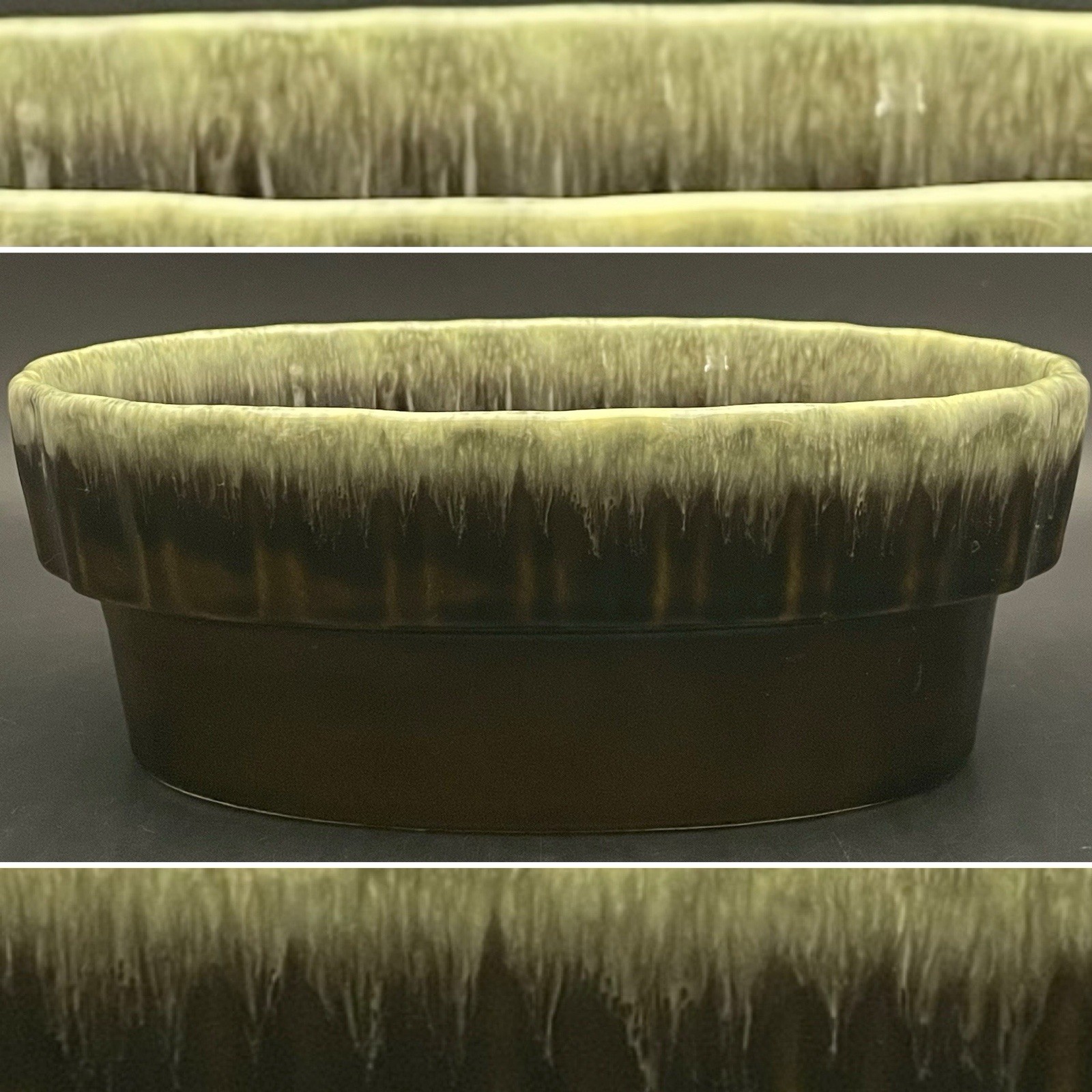 Hull Art Pottery Drip Glaze I-21 Green Brown Oval Planter c1950s USA 3x8x5.5\