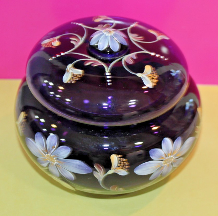 Vtg. Fenton Royal Purple Hand Painted Colonial Scroll Powder Jar Ltd. Edition