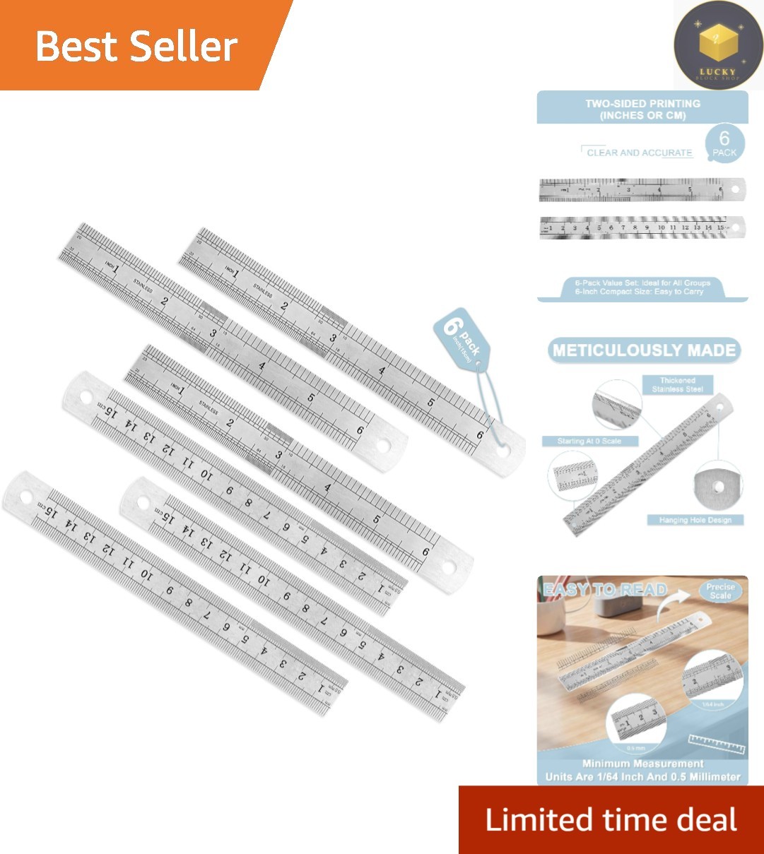 Elegant 6-Pack 6-Inch Steel Rulers - Clear Markings for Accurate Measuring
