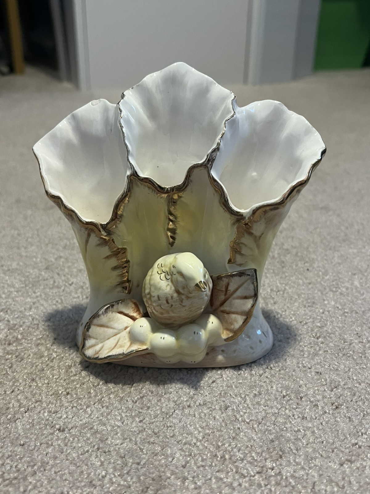 Vintage UCAGCO Pottery Vase Bird & Berries Vase c1940s Hand Painted Japan Floral