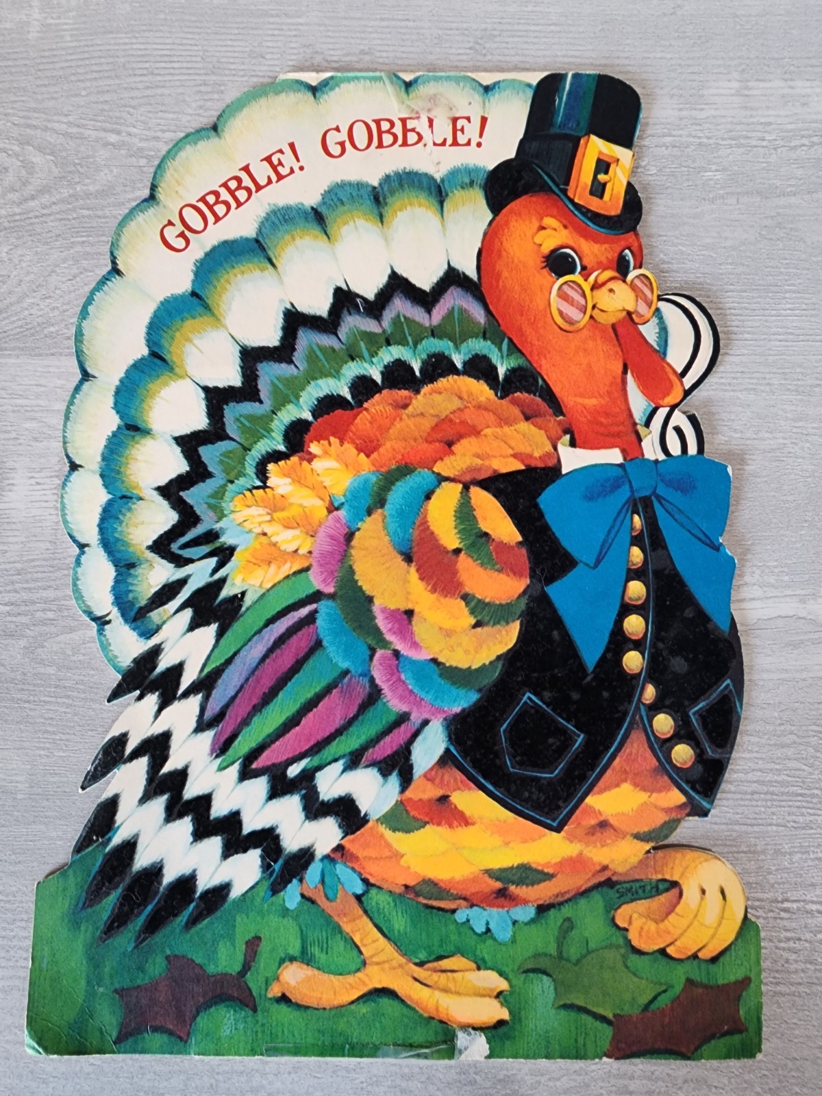 Vintage Ambassador Cards Stand Flocked Turkey Thanksgiving Large Greeting Card