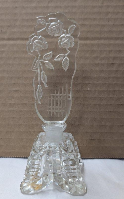 Vintage Crystal Perfume Bottle with roses cut and pressed glass
