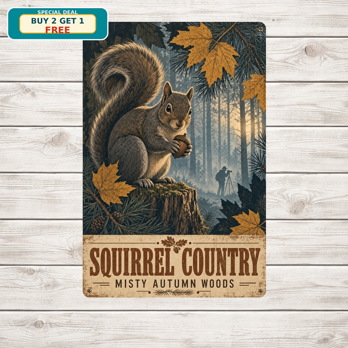 Vintage Squirrel Hunting Metal Sign Forest Cabin Wall Art Plaque