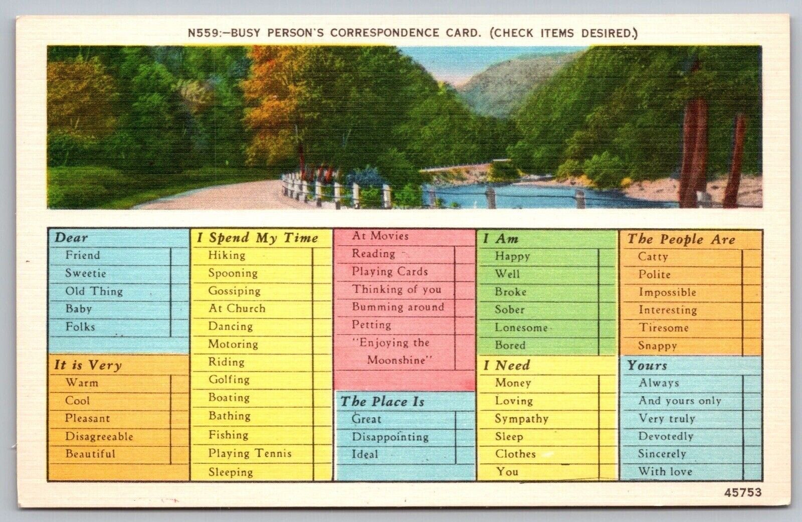 Busy Persons Correspondence Card Check List Country Road Forest Linen Postcard