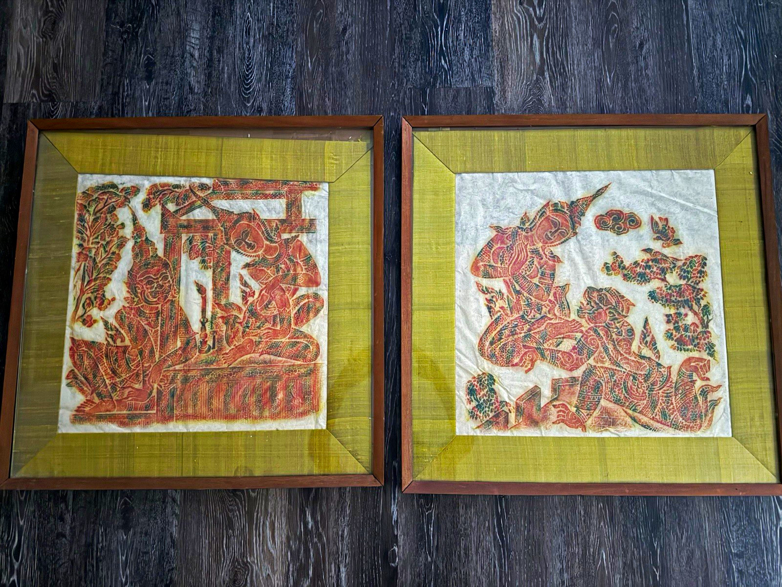 Pair of Vintage Thai Wat Pho–Style Ramakien Temple Rubbings – 25” × 25”