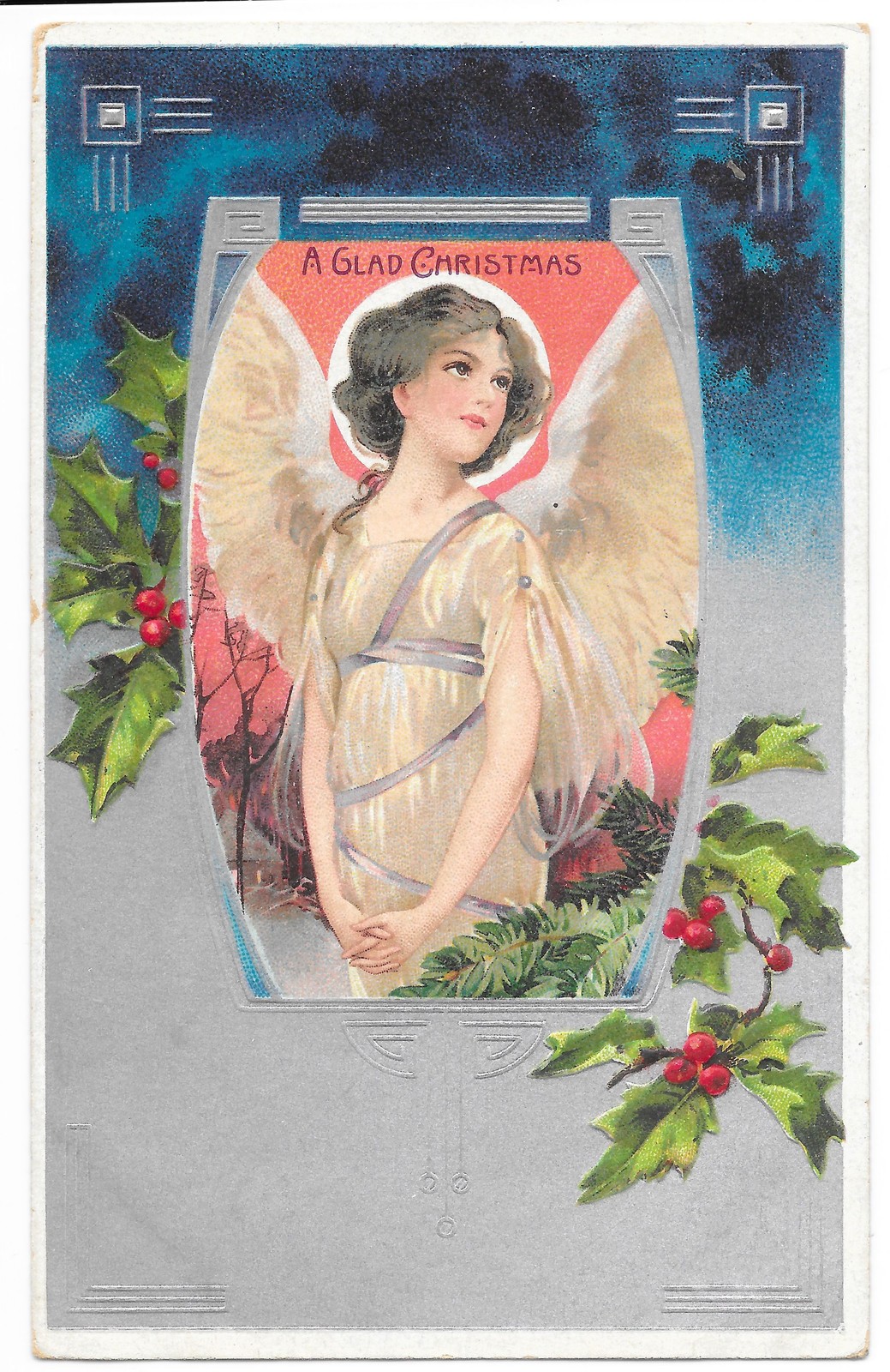 Antique 1907 Christmas Angel Postcard Art Nouveau Embossed Glad Xmas
