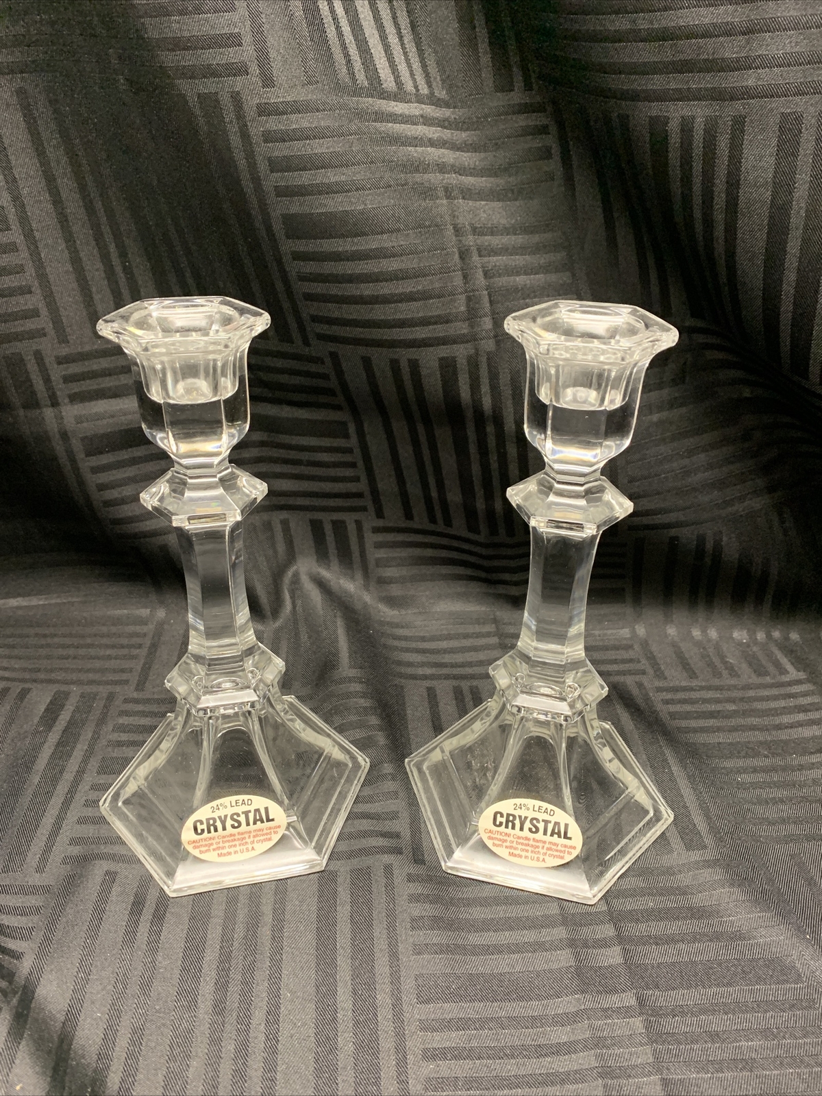 2 Clear Crystal Lead Glass Candlestick / Candle Holders Set Pair 7.5” Tall B11