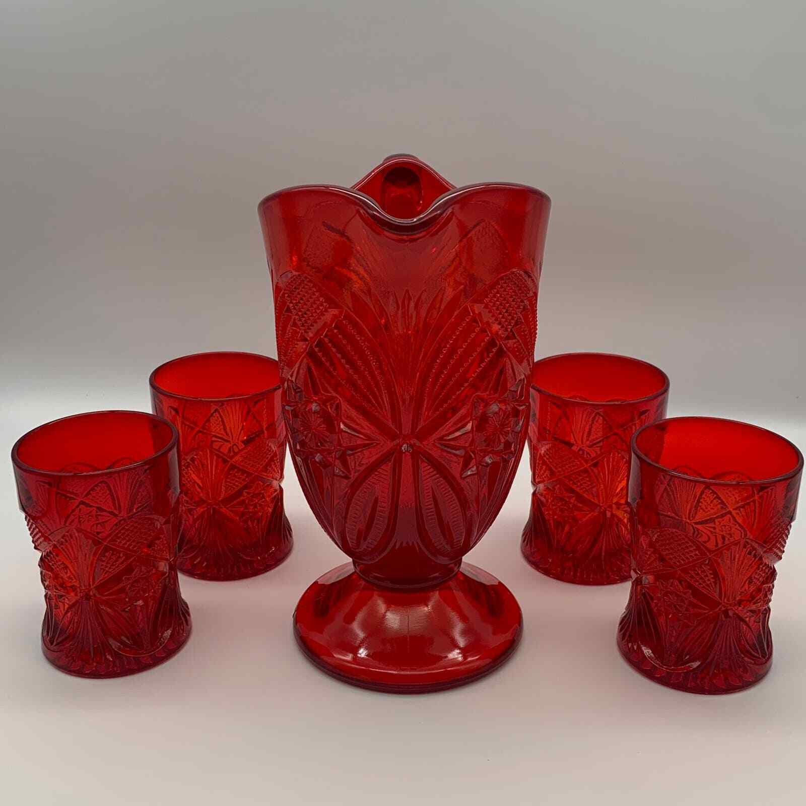 Mosser Vibrant Ruby Red Pitcher w/4 Tumblers, Cambridge Glass Co. 2579 