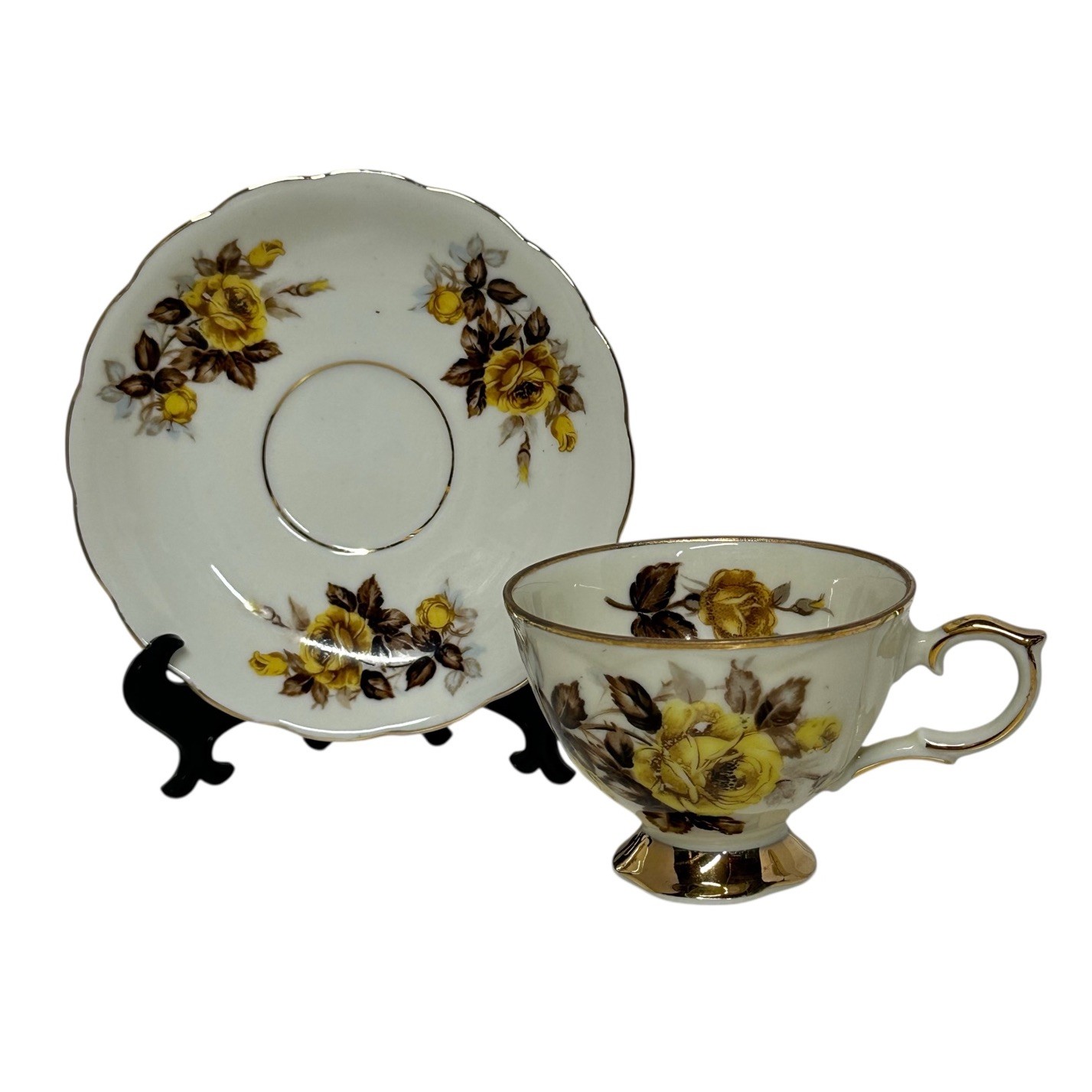 Vintage Royal Sealy China Japan Tea Cup & Saucer Yellow Rose Footed Gold Trim