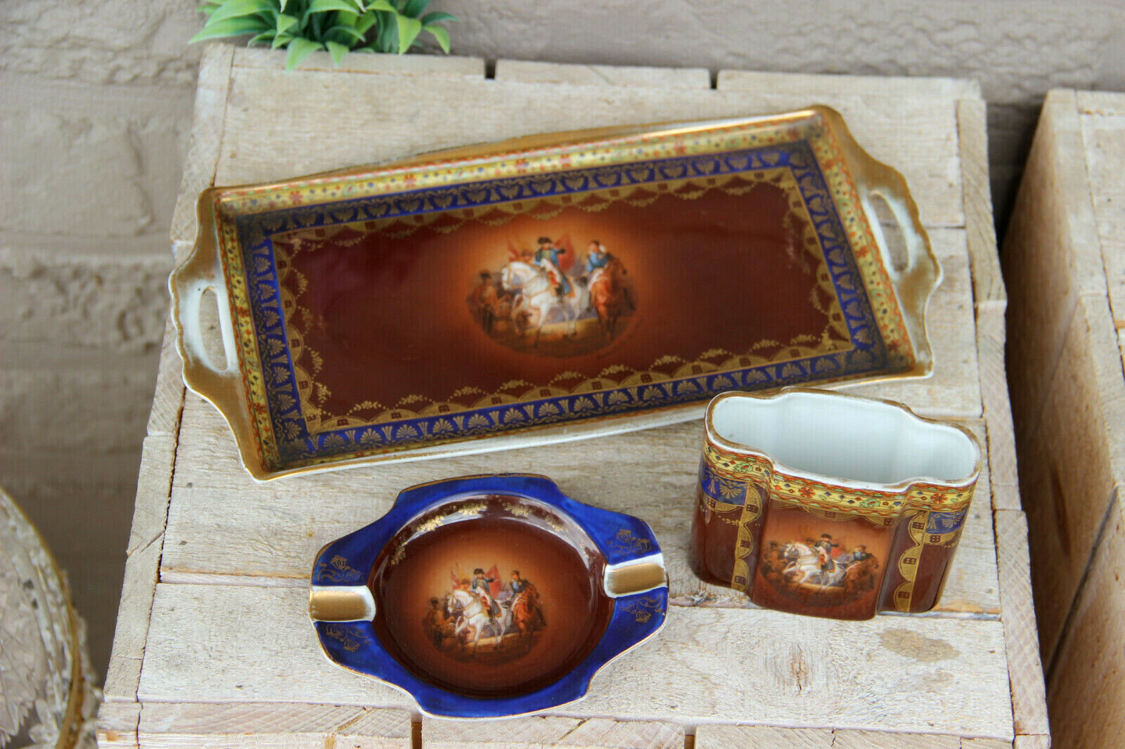 Vintage bohemia Carlsbad marked porcelain napoleon smoking set ashtray tray 