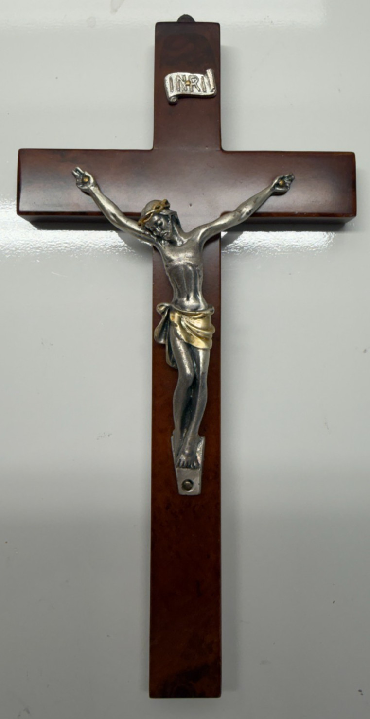Vtg Jesus Christ Crucifix Cross Wall Silver-plate Bagno Argento 999% ITALY