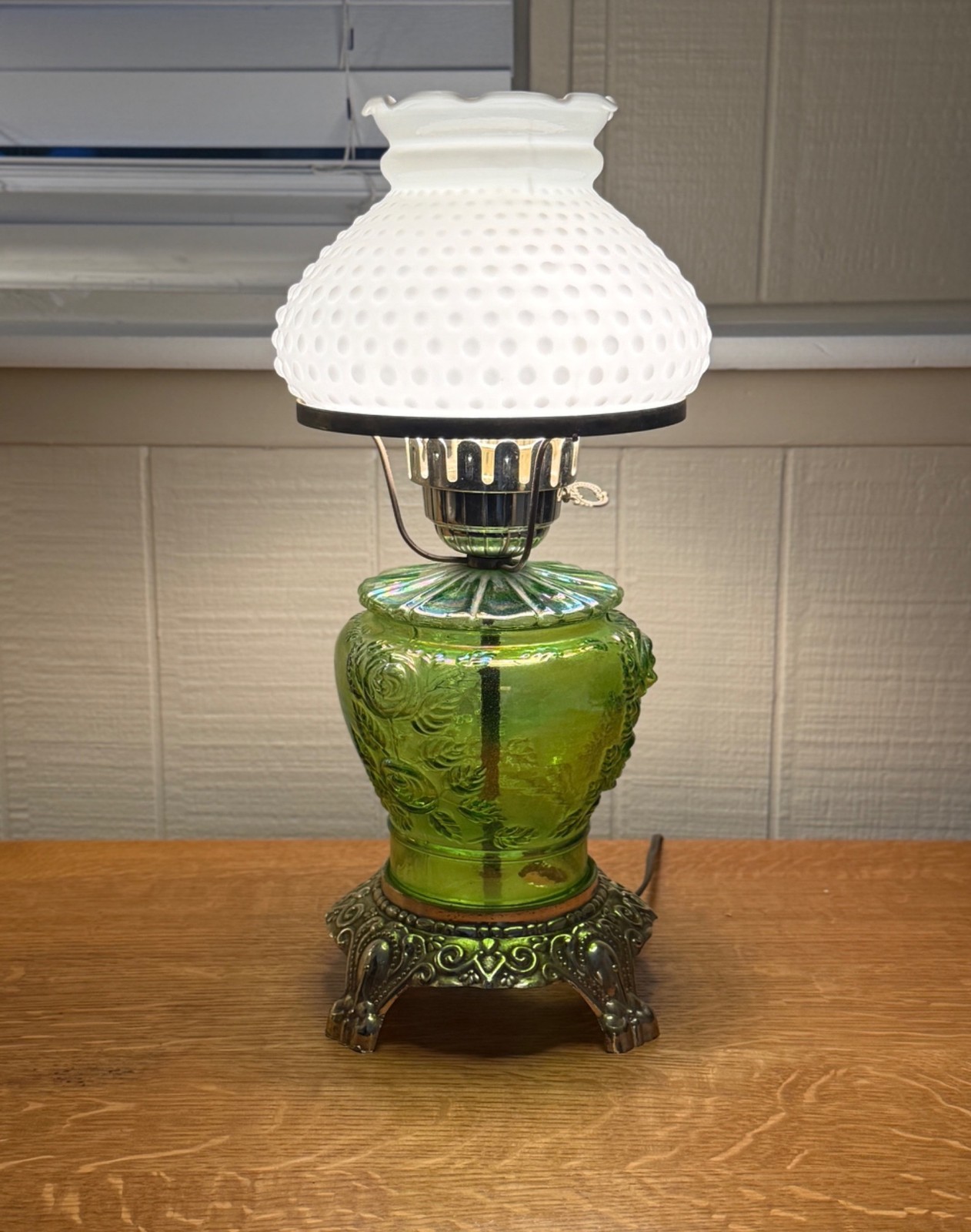 Vintage L.G. Wright Glass Green Embossed Roses Lamp w/Hobnail Milk Glass Shade