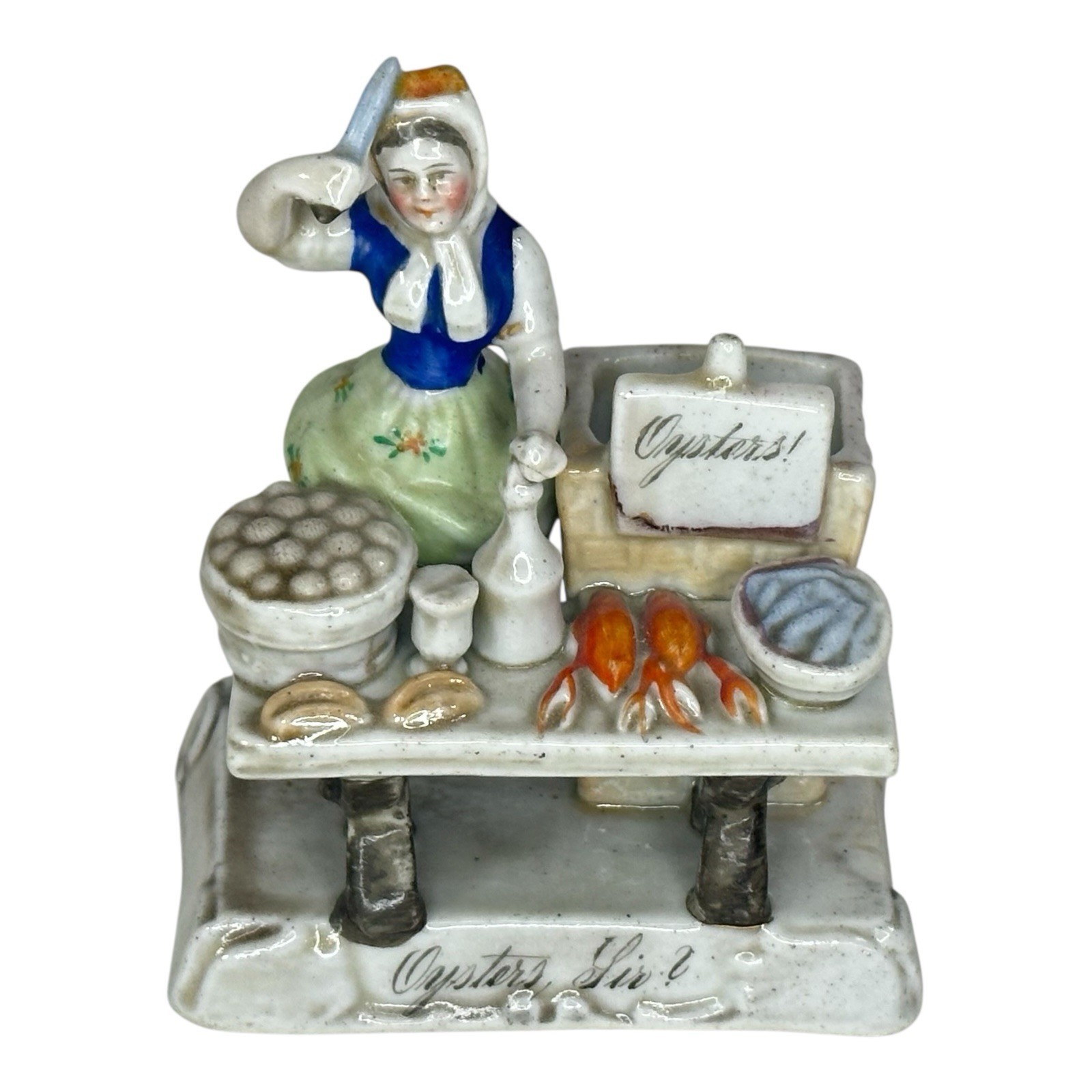 Antique Porcelain Oyster Seller Match Holder Figurine Victorian Style Decor