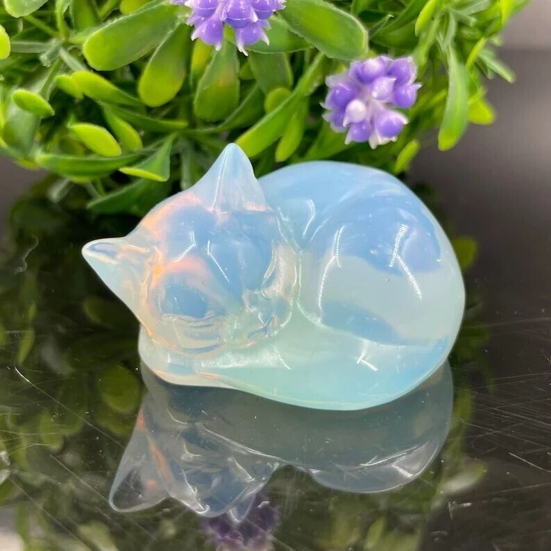 Opalite Cat Statue Handcrafted Blue Clear Crystal Sleeping Kitten Home Decor