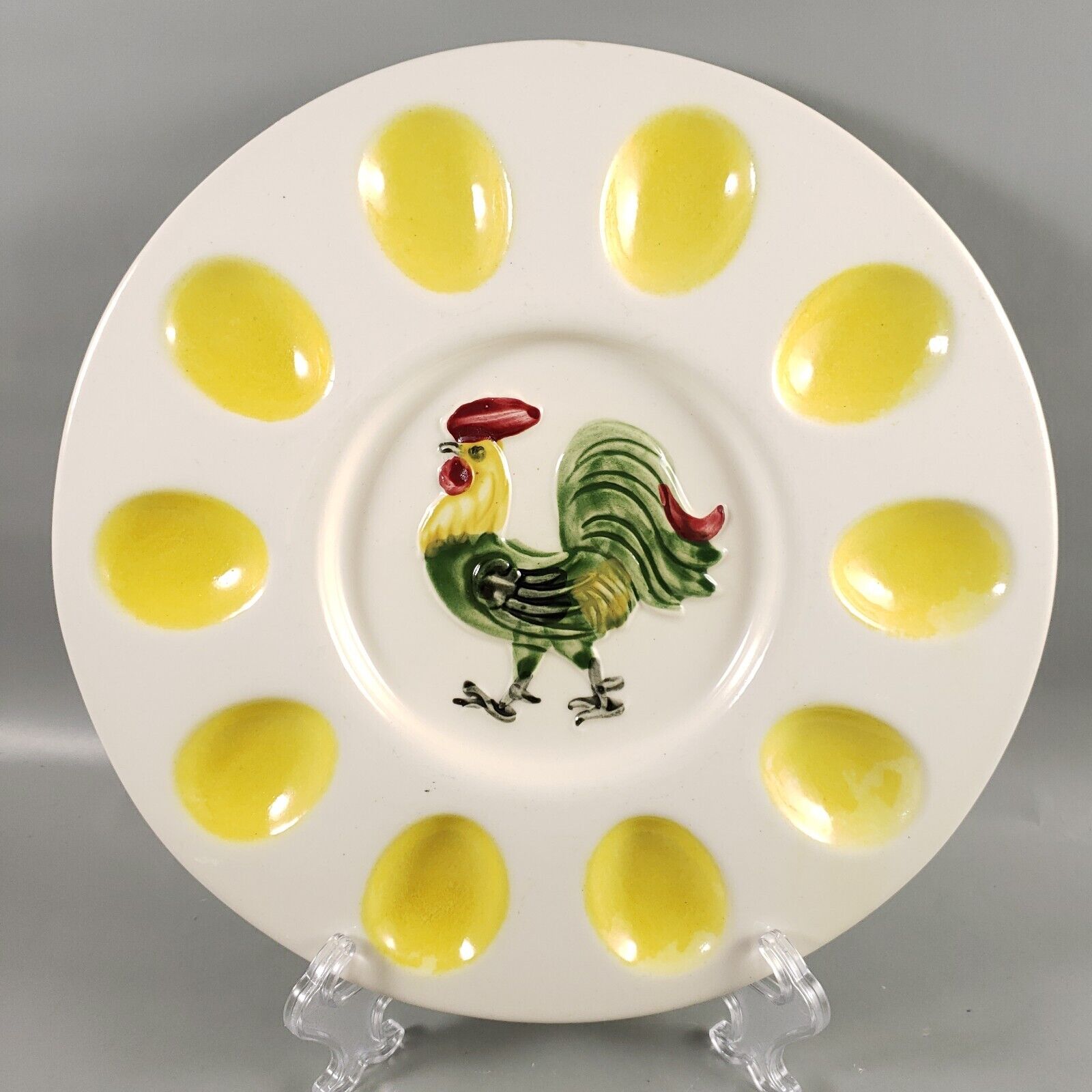 Vintage Green Rooster Yellow Deviled Egg Ceramic Tray USA