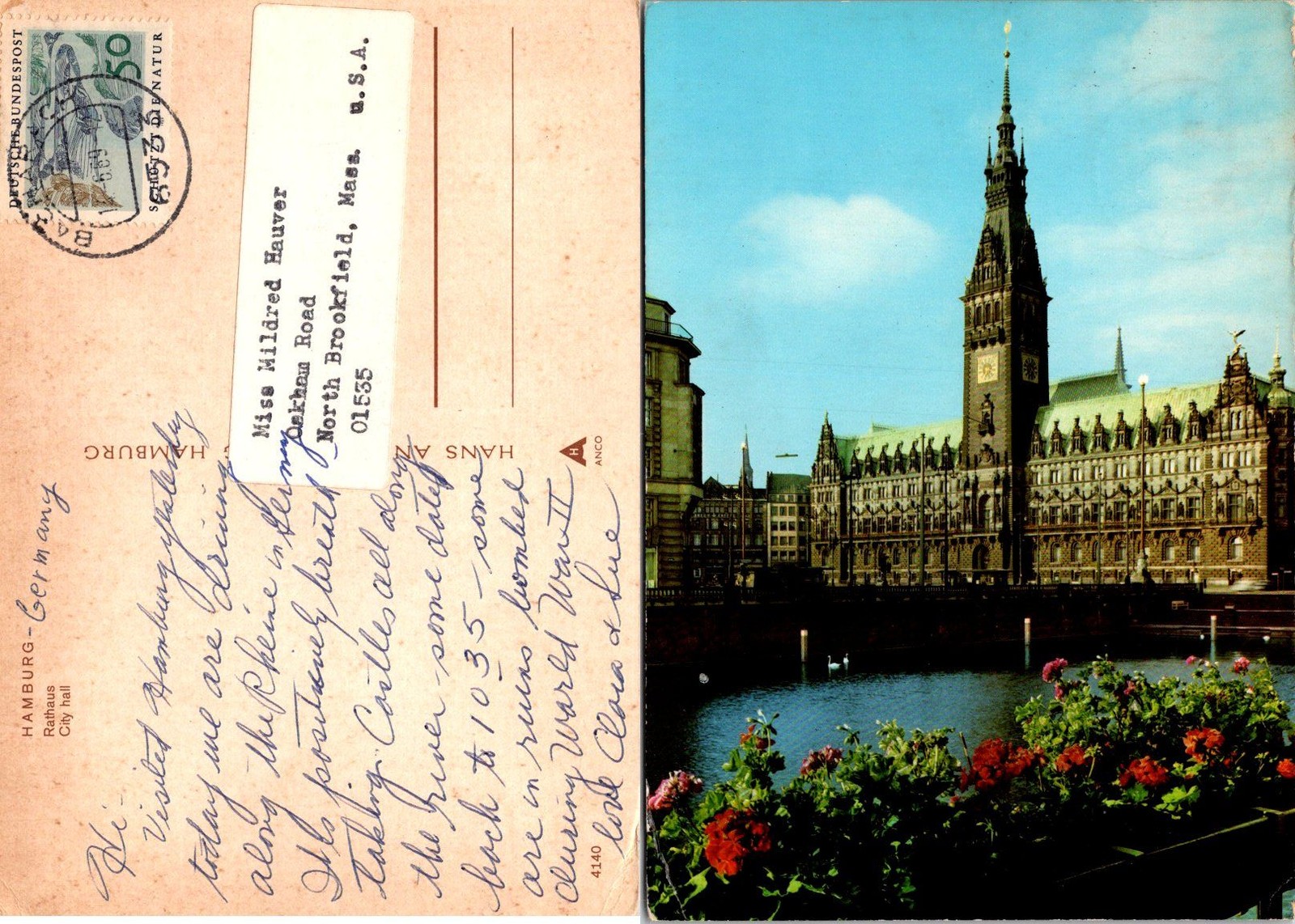 Vintage Postcard Hamburg Rathaus City Hall Germany Postmarked Addressed Stamped