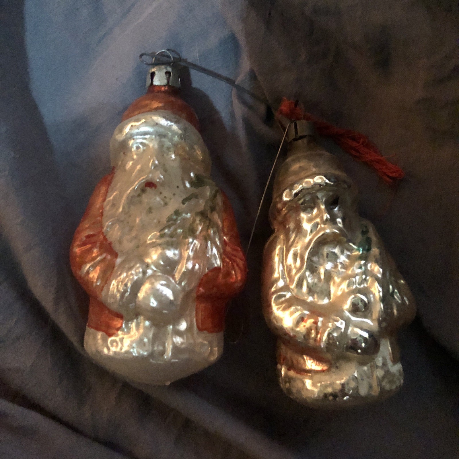 VTG Antique Glass Santa Nicholas Christmas Ornaments Red & Silver - 2 Germany