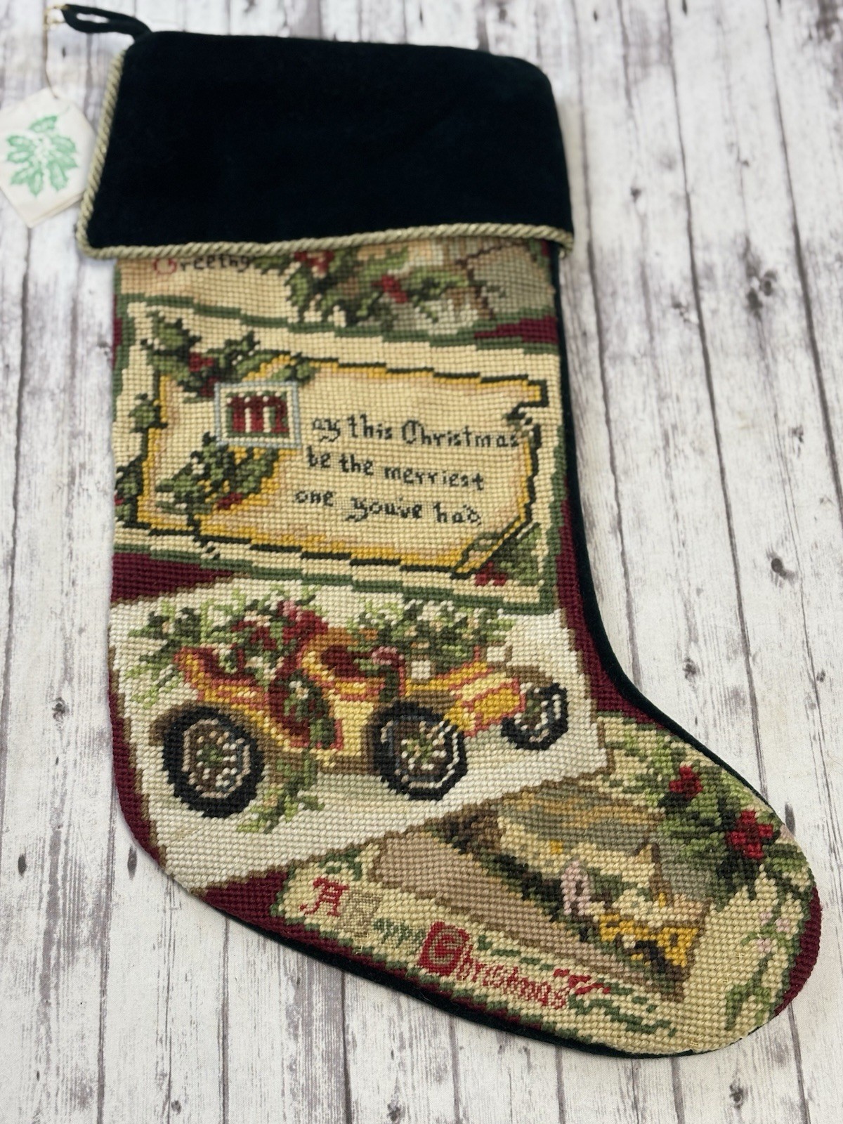Vintage Needlepoint Hand Embroidered Christmas Stocking Wool Velvet Car 20” NEW