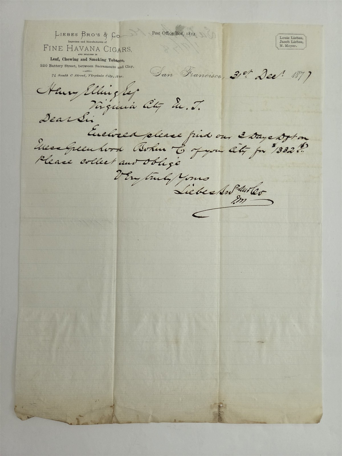 1877 antique LIEBES BRO\'S & CO FINE HAVANA CIGARS san francisco ca letterhead