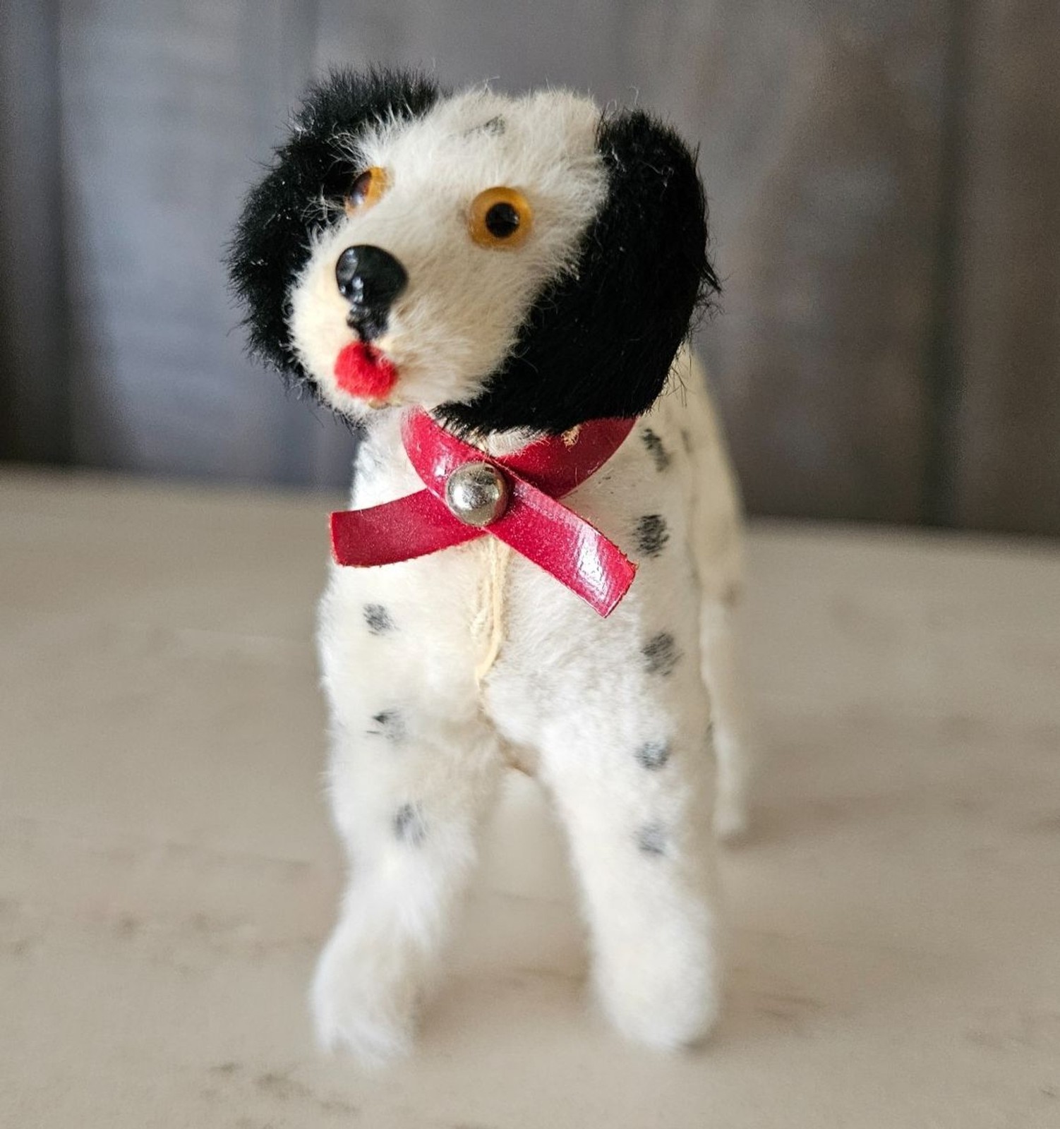 Vintage Germany Paper Mache Figurine Dalmatian Dog 3 Inch Soft Mohair Red Tag