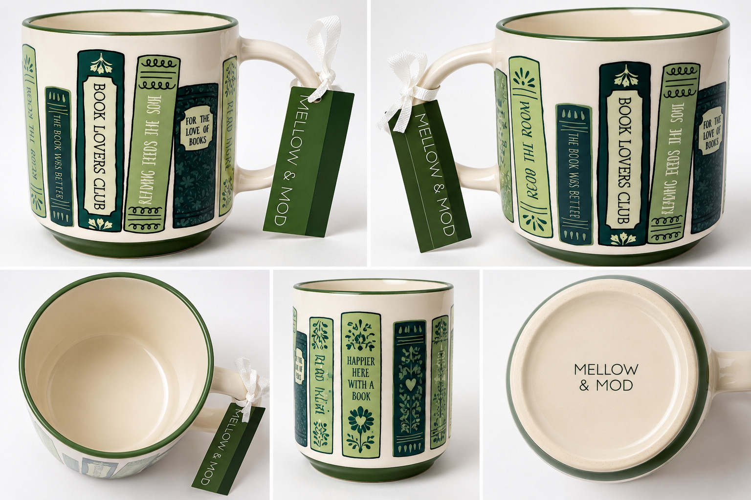 Mellow & Mod Book Lovers Club Coffee Mug Green Bookshelf Design New With Tag