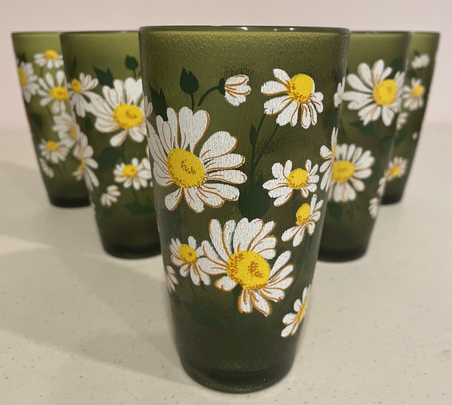 Vintage HJ Stotter Daisy Acrylic Glasses Cups Set of 6 Green 60\'s 70\'s Retro USA