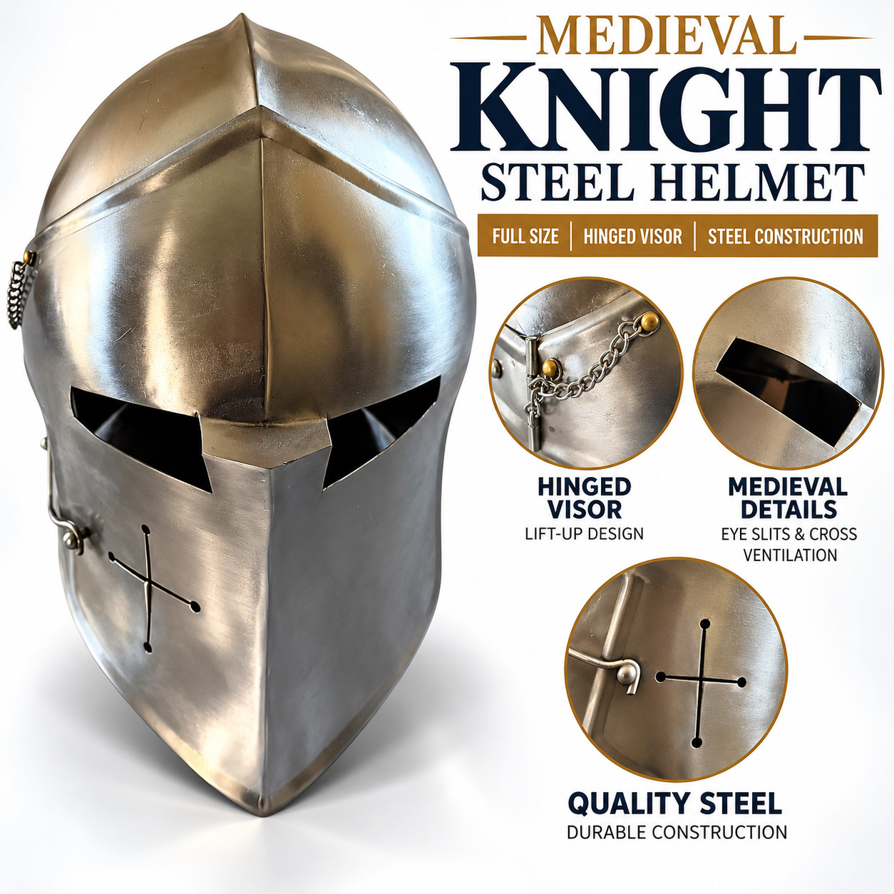 Medieval Knight Crusader Steel Helmet Full Size Hinged Visor LARP Armor New