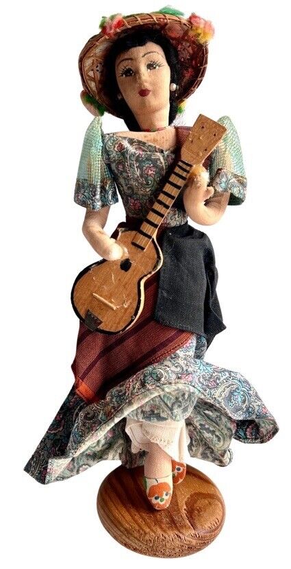 Rare Vintage Filipina Cloth Doll w Guitar HMade Philippines Folk Art Pre Owned
