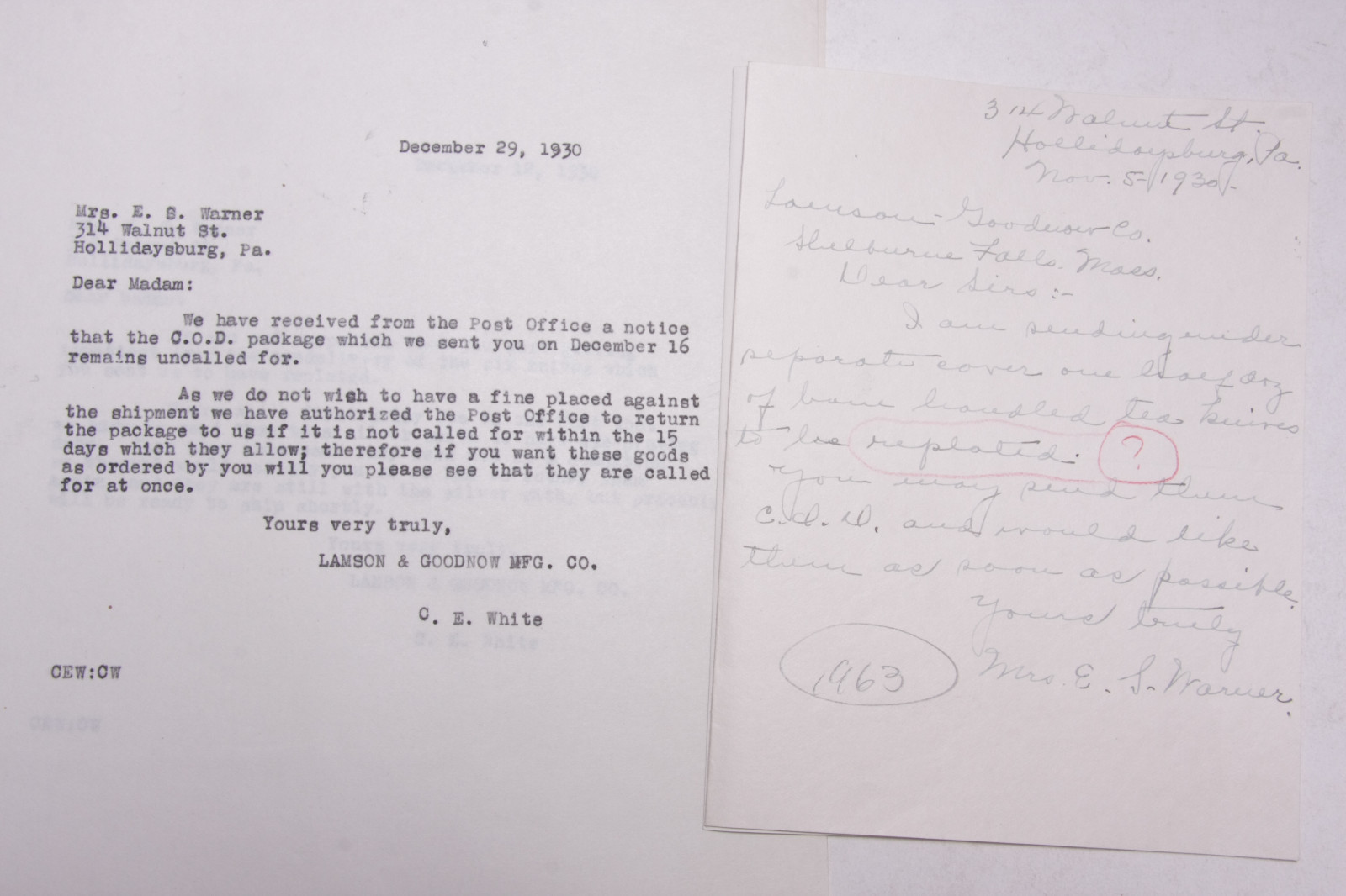 1930 Lamson Goodnow Mrs E S Warner Hollidaysburg PA Letters Ephemera P430J