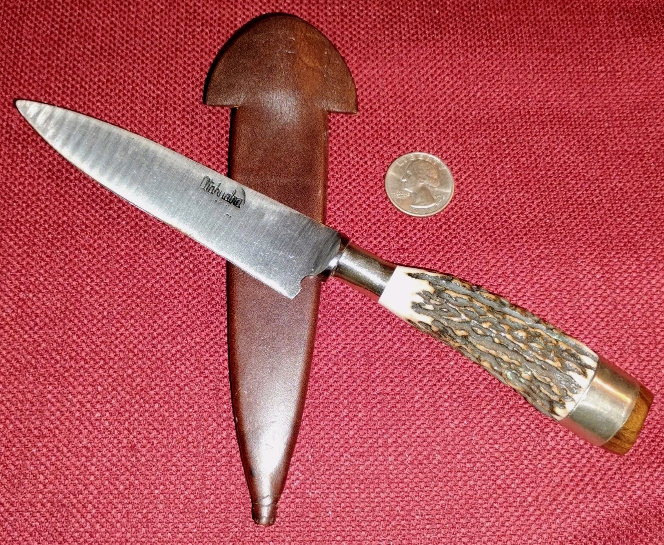 Vintage Atahualpa Argentina fighting gaucho knife stag handle leather sheath VG