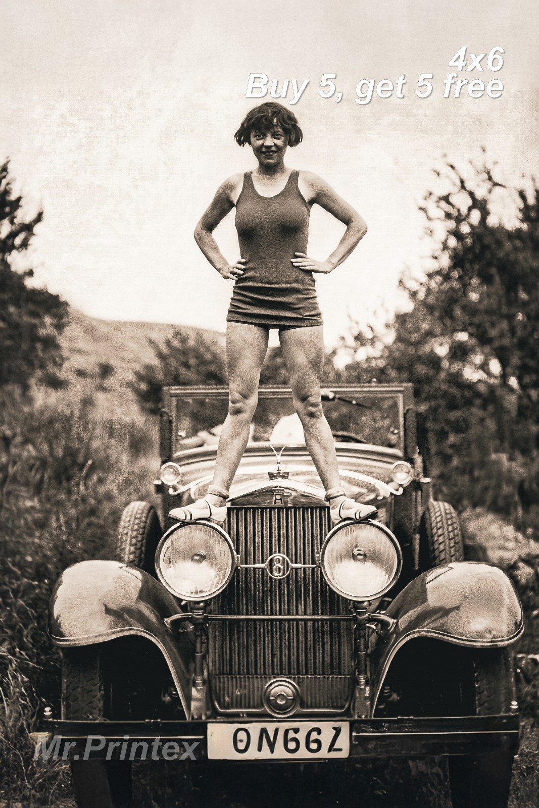 1920s Flapper Woman 💙 Vintage Car - 4x6 Photo - Art Deco Portrait