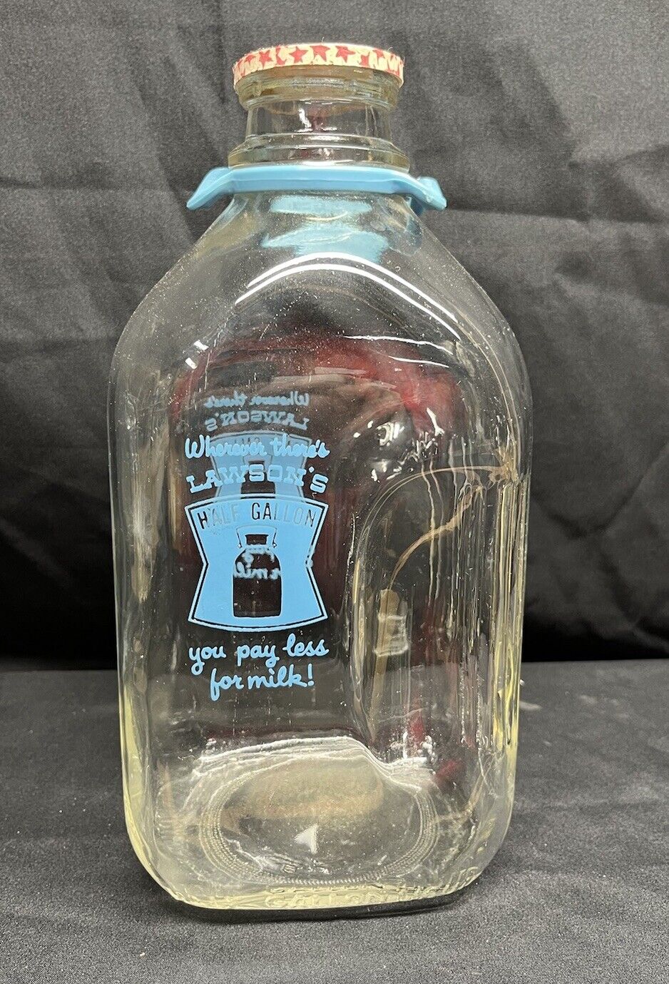 Vintage Lawsons Half Gallon Clear Glass Milk Bottle Blue Plastic Handle SEE PICS