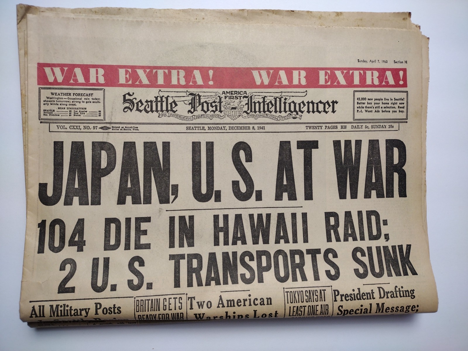 Seattle P-I Historic Front Page Reprints 1869-1962: Commemorative Newspaper Lot