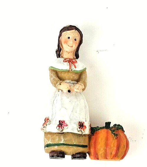 Vtg Pilgrim Female Statue Wood Carved Hand Painted Thanksgiving Pumpkin Holiday
