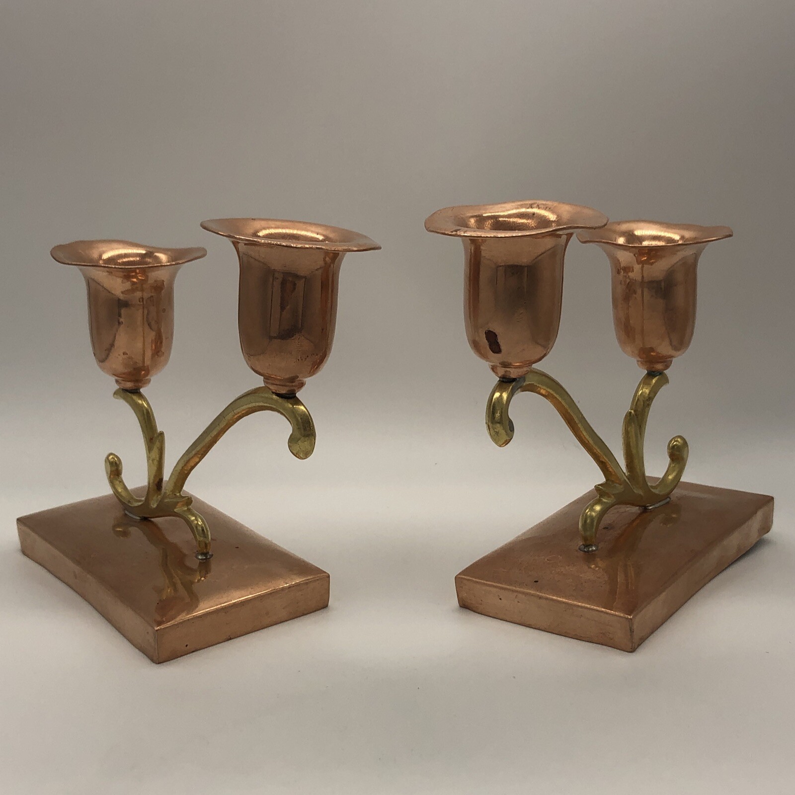 Pair Signed MCM Copper/Brass Double Candleholders Tlaquepaque Mexico Pair Signed MCM Copper/Brass Double Candleholders Tlaquepaque Mexico