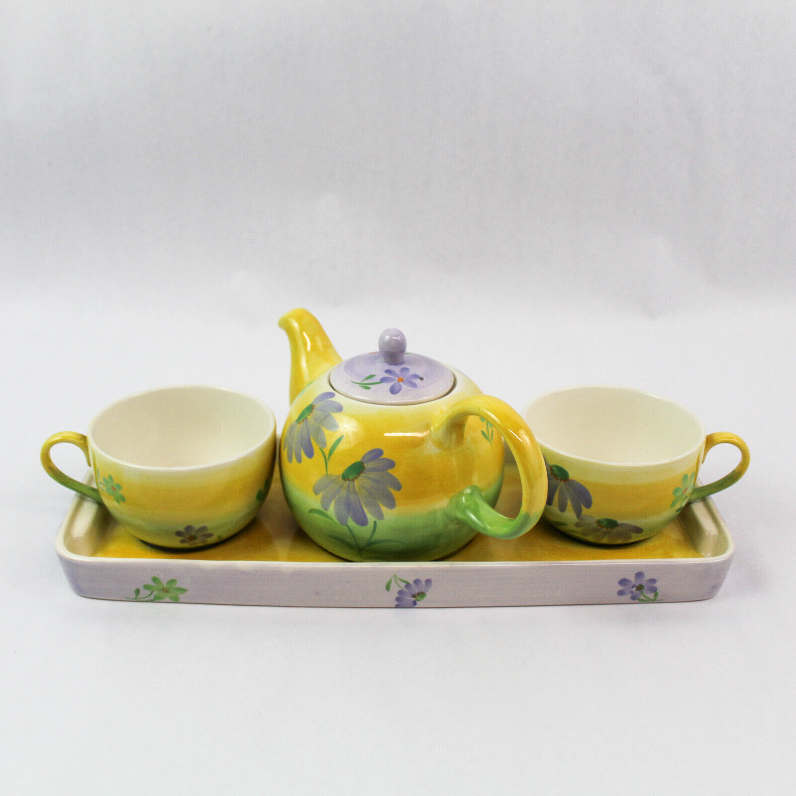 Herman Dodge & Son Hand Painted 4 Piece Teapot Set 2 Cups 1 Carrying Tray Spring