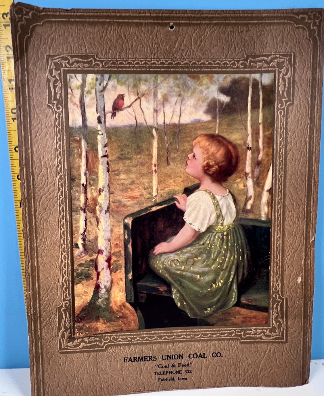 Vintage Farmers Union Coal Co (Coal & Feed) Child watching Bird Calendar Top.