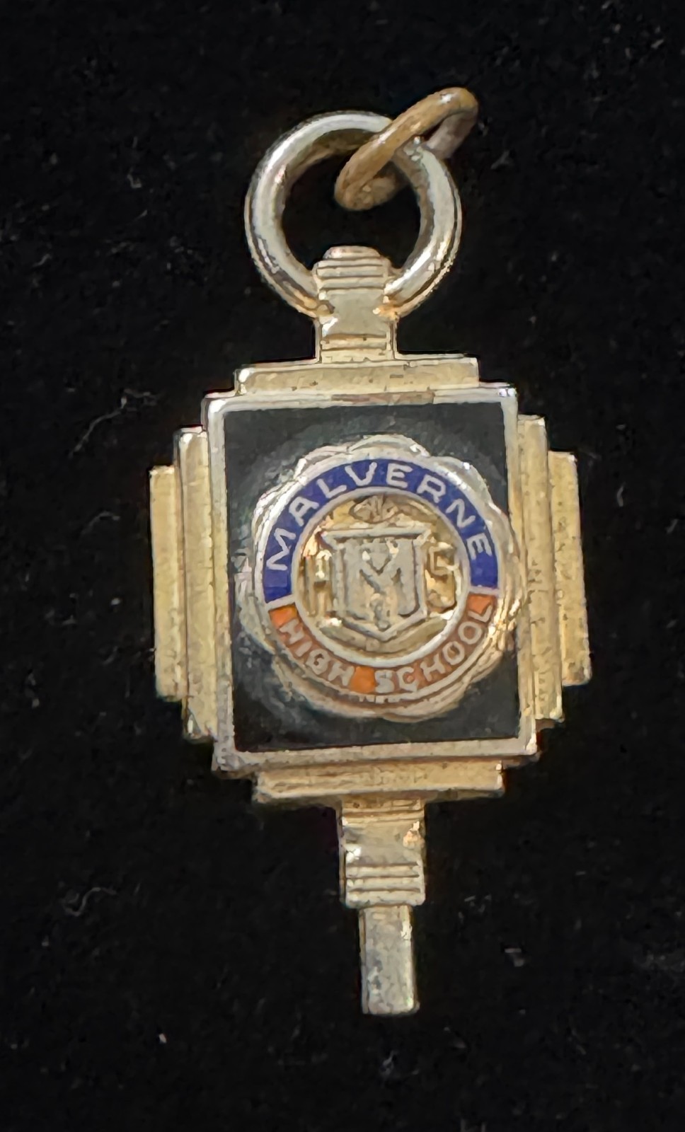 VTG gold-tone enamel senior key class pendant Malverne High School shield MHS