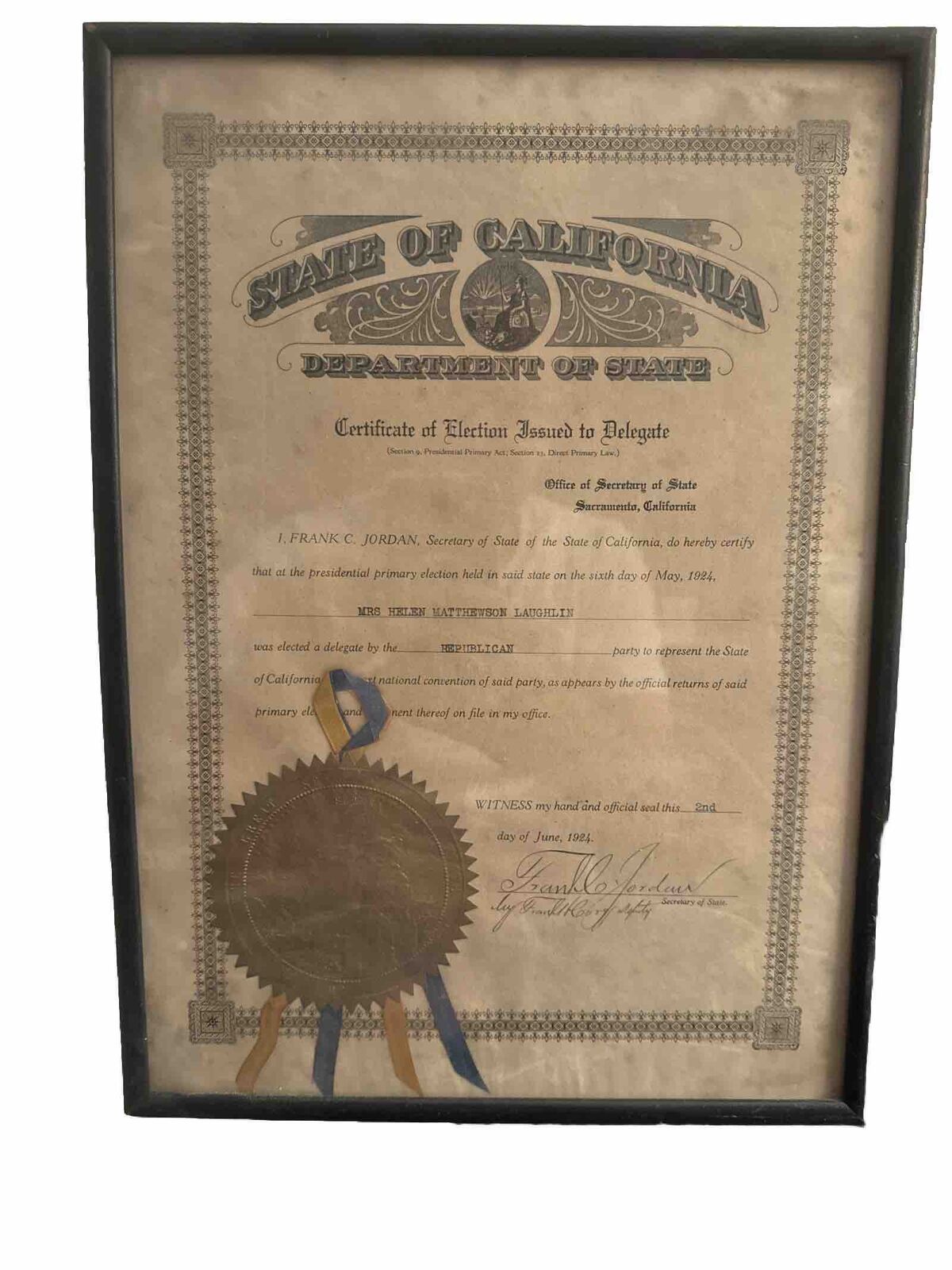 1924 Certificate of Election Issued to Delegate for Presidential Primary Signed