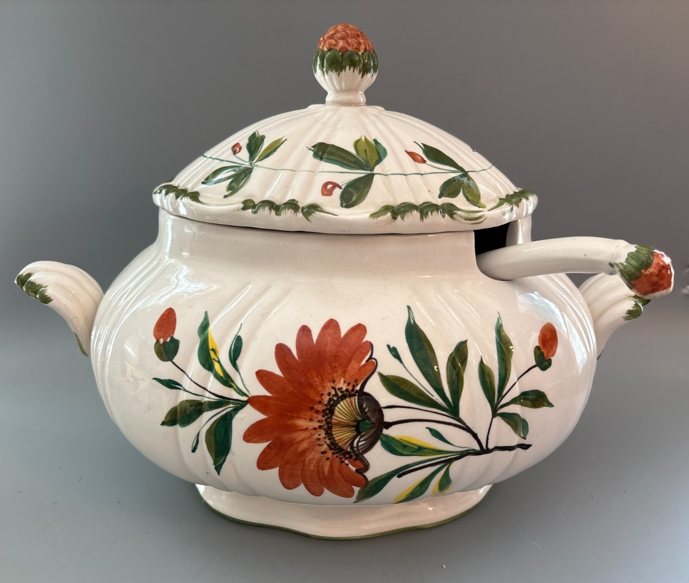 Vintage French Faience Soup Tureen Lid Ladle Saint Clement Luneville Style 15in