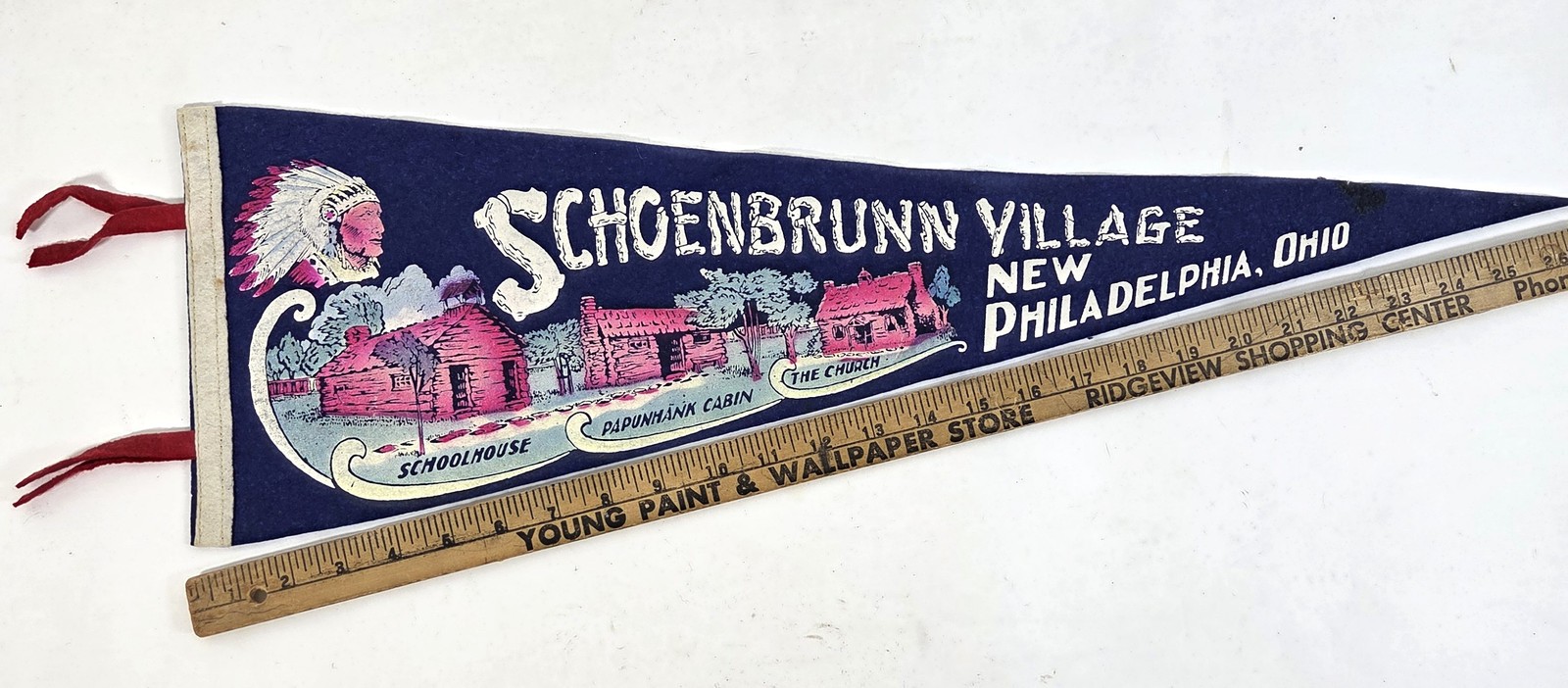 Vintage Schoenbrunn Village New Philadelphia Ohio Souvenir Felt Pennant Flag
