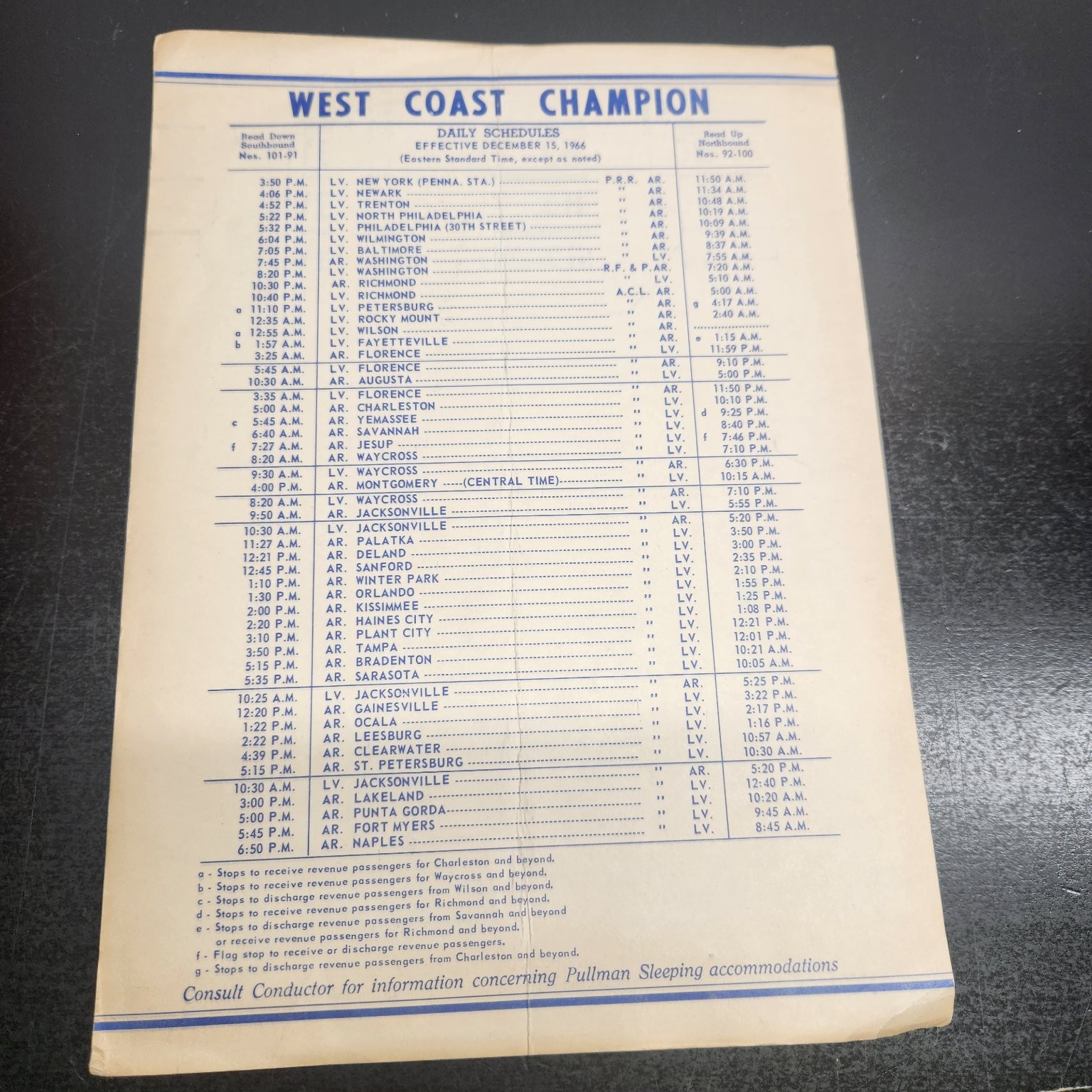 1966 West Coast & East Coast Champion Train Daily Schedule Ephemera