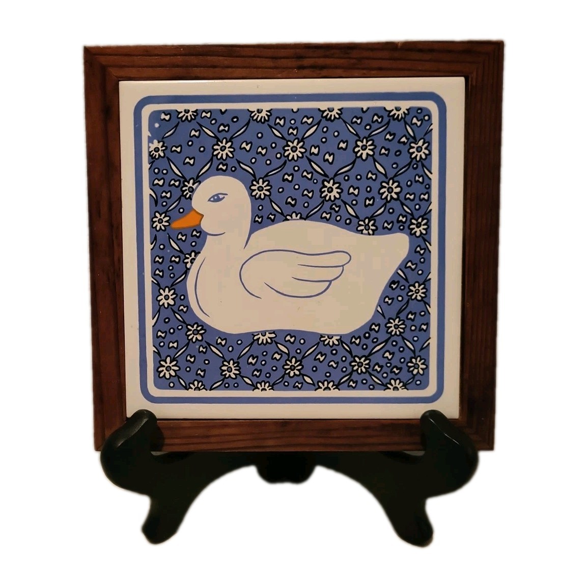 VTG Julie Pomerantz Collectible Tile Trivet Blue White Duck Wood Frame 7 1/8\ VTG Julie Pomerantz Collectible Tile Trivet Blue White Duck Wood Frame 7 1/8\