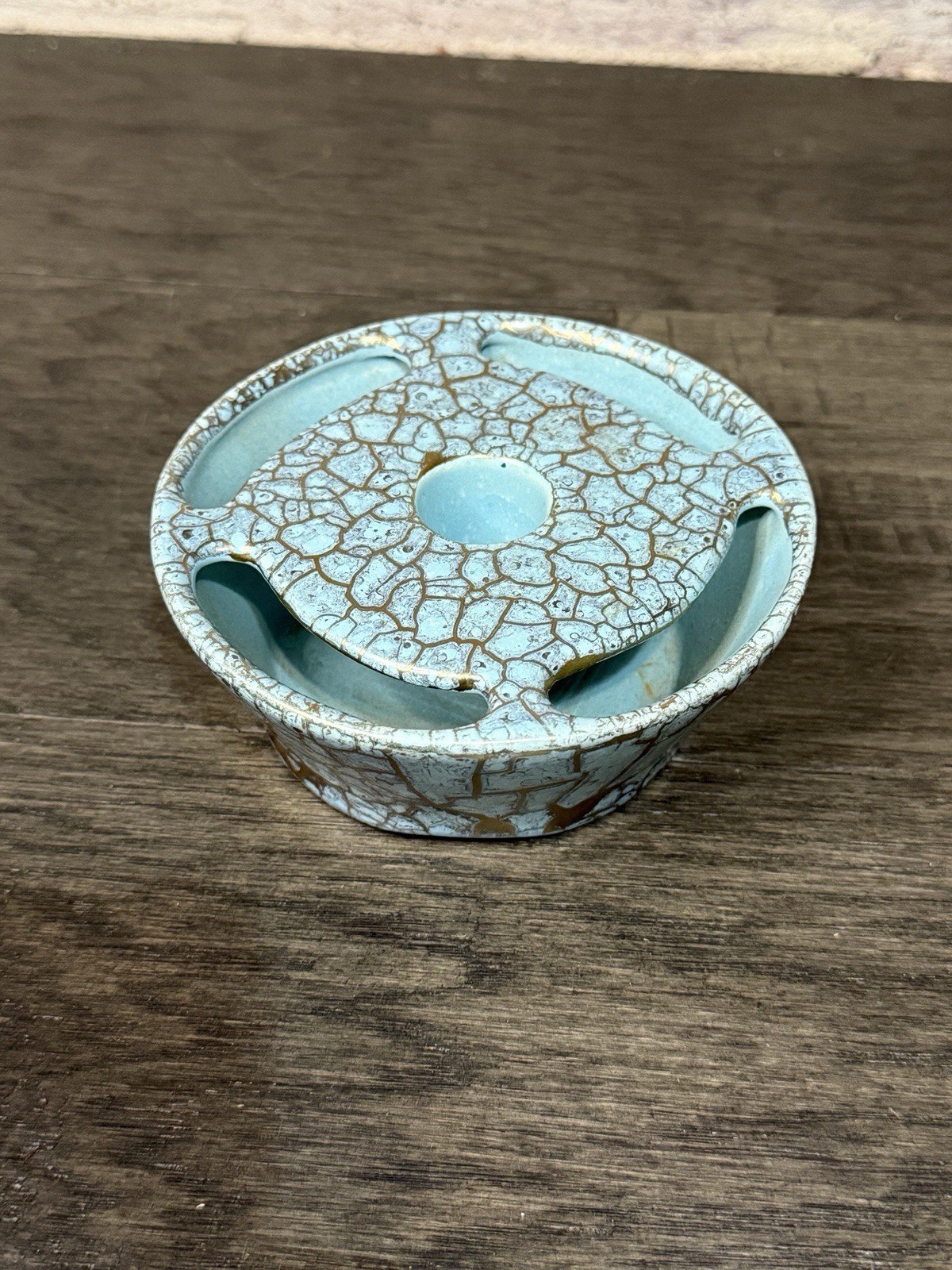 Lovina Pottery USA MCM Blue Crackle Candle Holder & Flower Frog Rare Vintage
