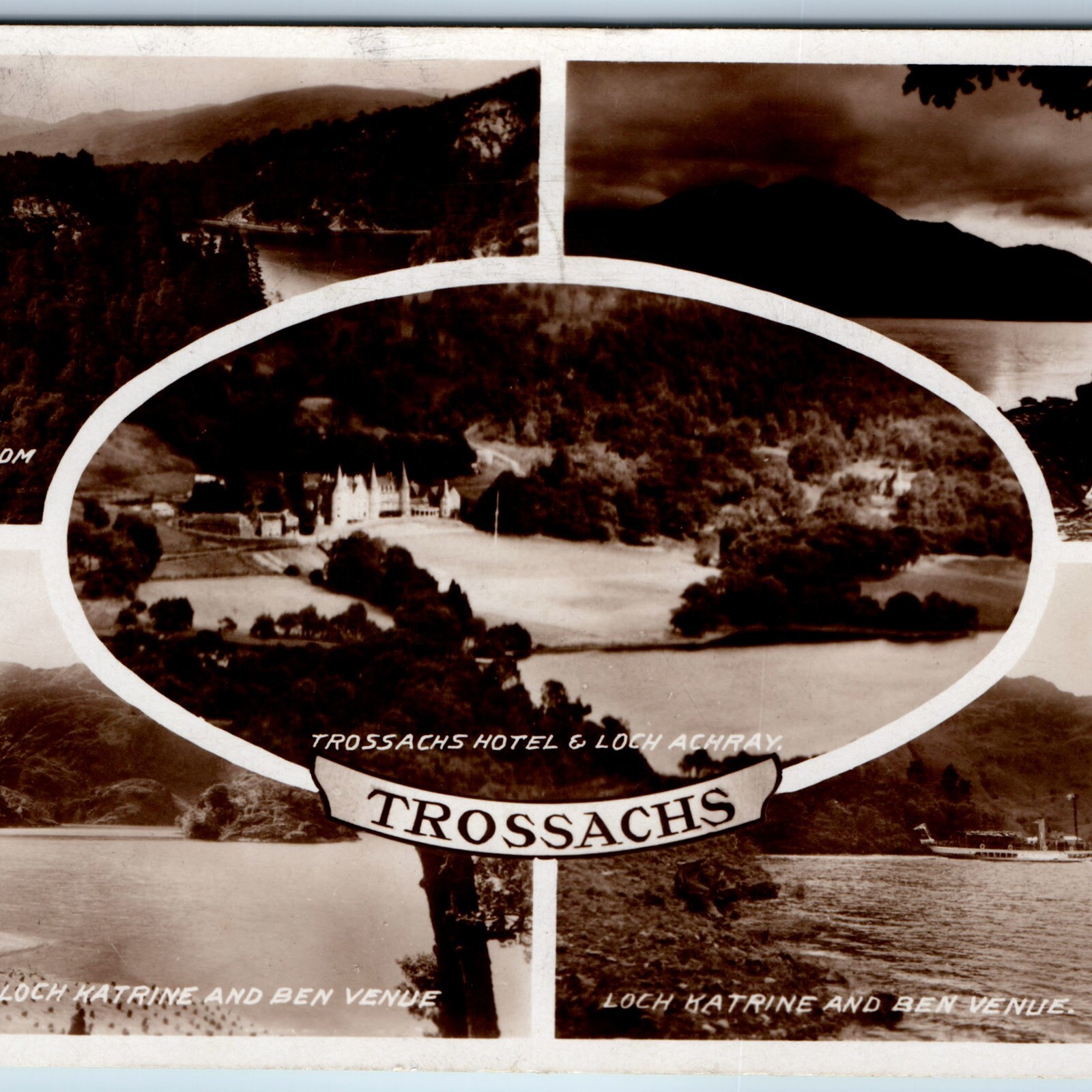 1933 Trossachs, Scotland RPPC Multi View Loch Katrine Achray Hotel Postcard