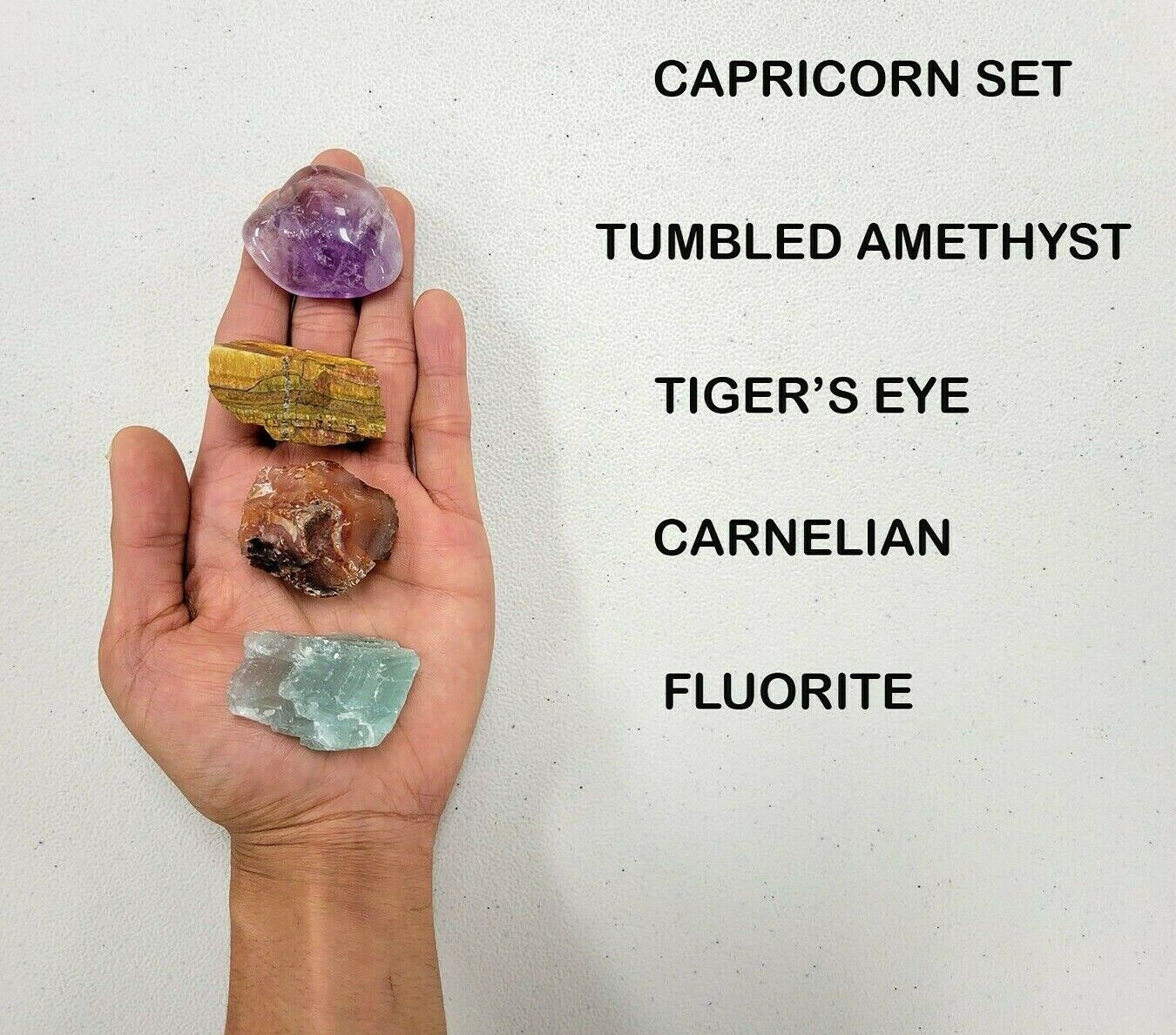 Crystals for Capricorn Zodiac Sign, Amethyst, Tigers Eye, Carnelian, Fluorite